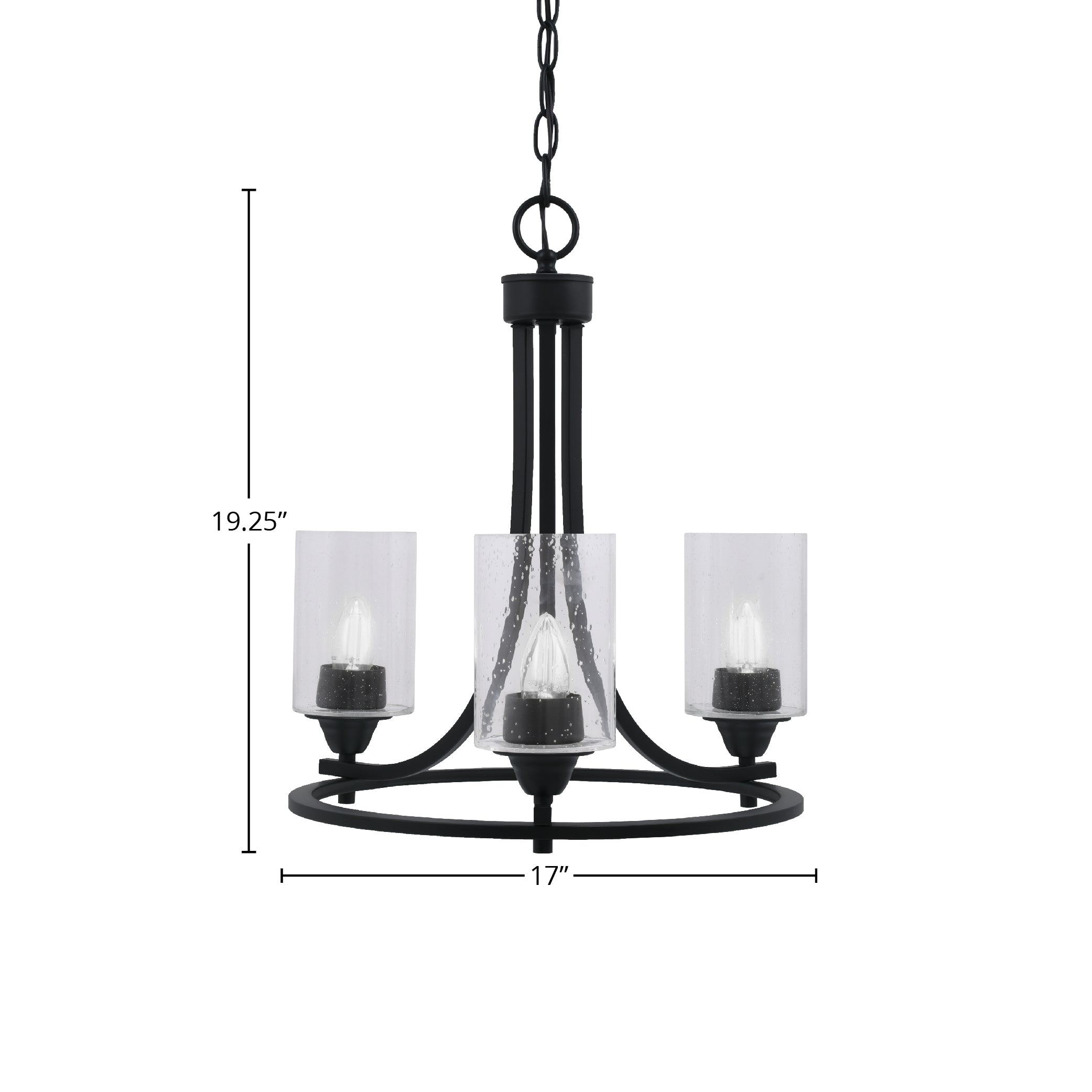 Paramount Three Light Chandelier in Matte Black with 4" Clear Bubble Shade