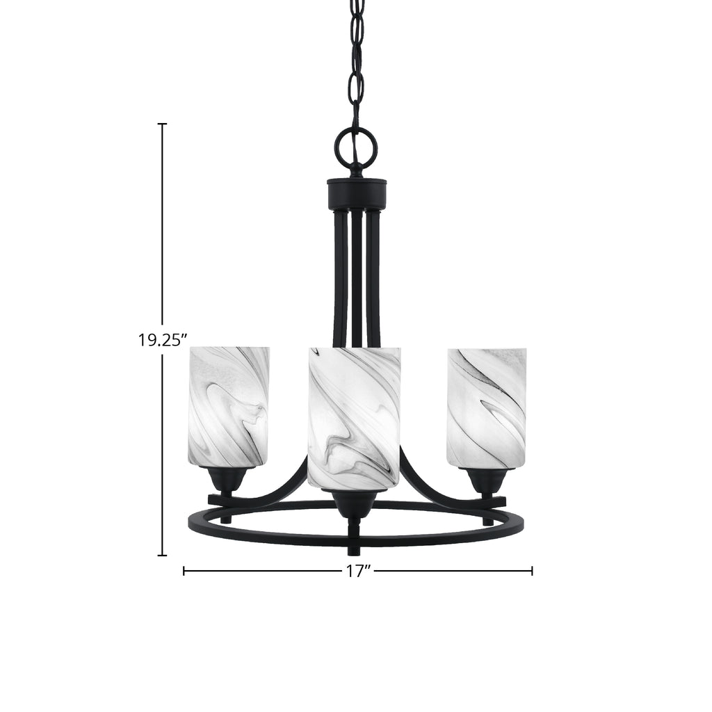Paramount Three Light Chandelier in Matte Black with 4" Onyx Swirl Shade