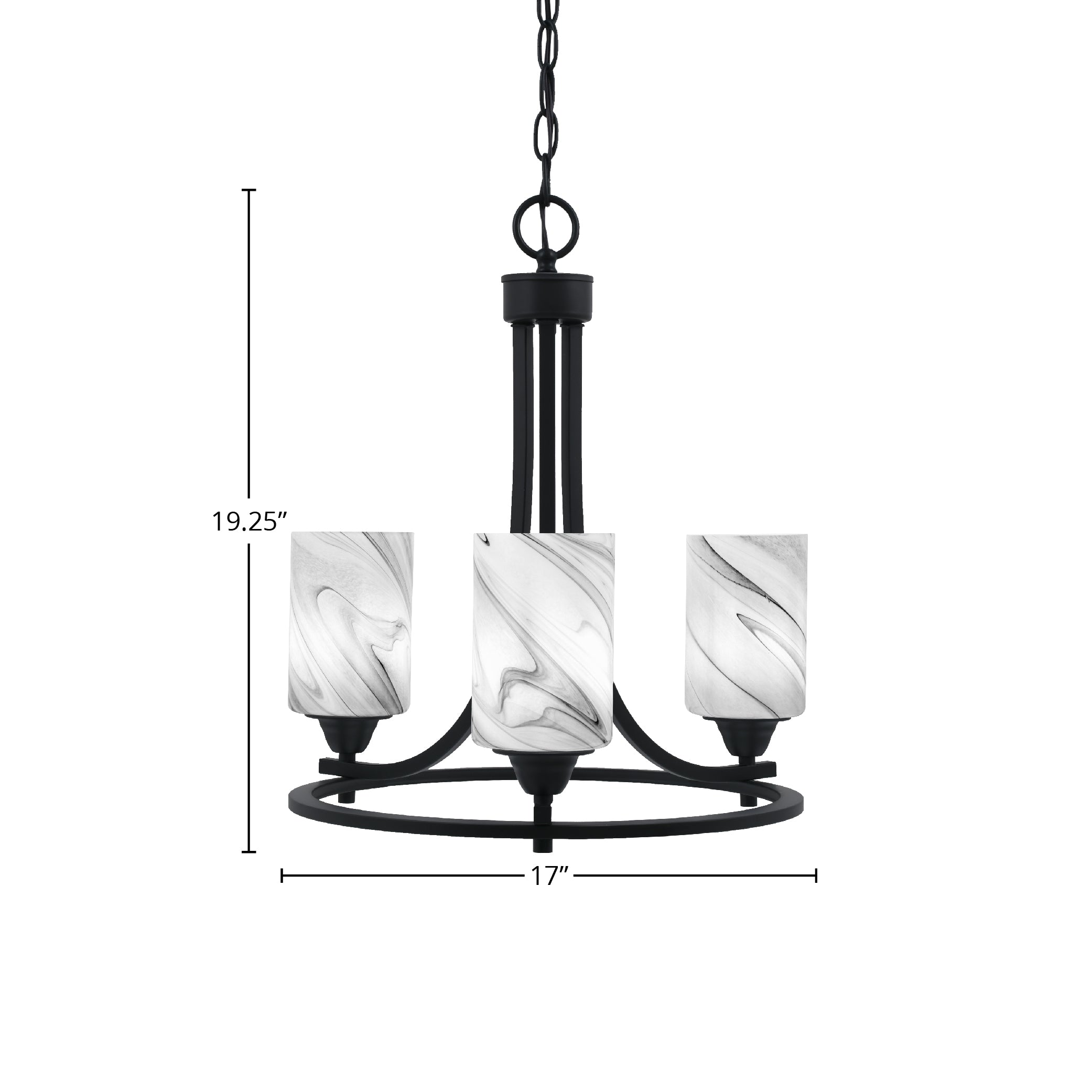 Paramount Three Light Chandelier in Matte Black with 4" Onyx Swirl Shade