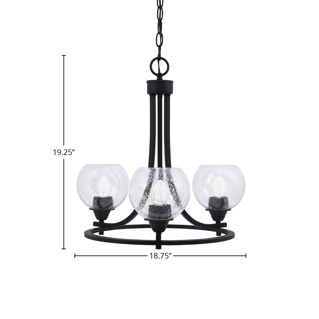 Paramount Three Light Chandelier in Matte Black with 5.75" Clear Bubble Shade