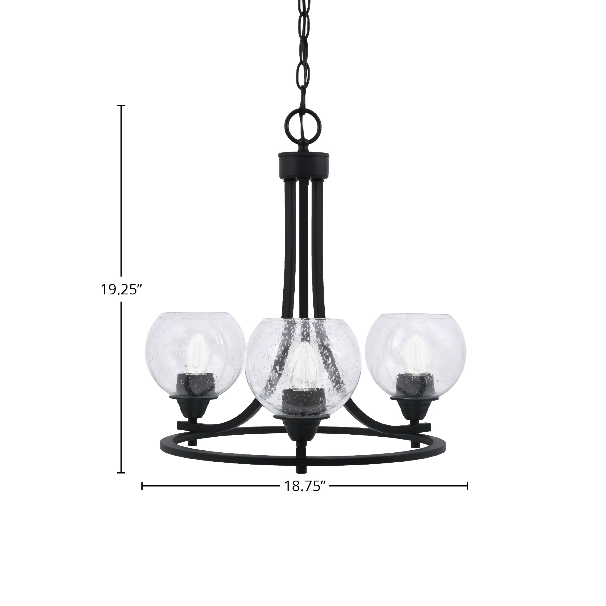 Paramount Three Light Chandelier in Matte Black with 5.75" Clear Bubble Shade