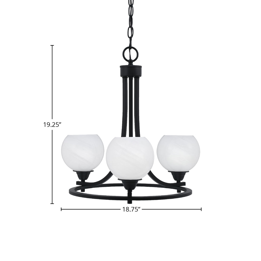 Paramount Three Light Chandelier in Matte Black with 5.75" White Marble Shade