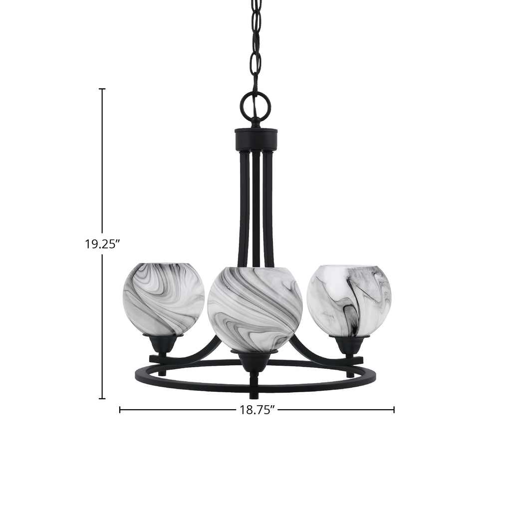 Paramount Three Light Chandelier in Matte Black with 5.75" Onyx Swirl Shade