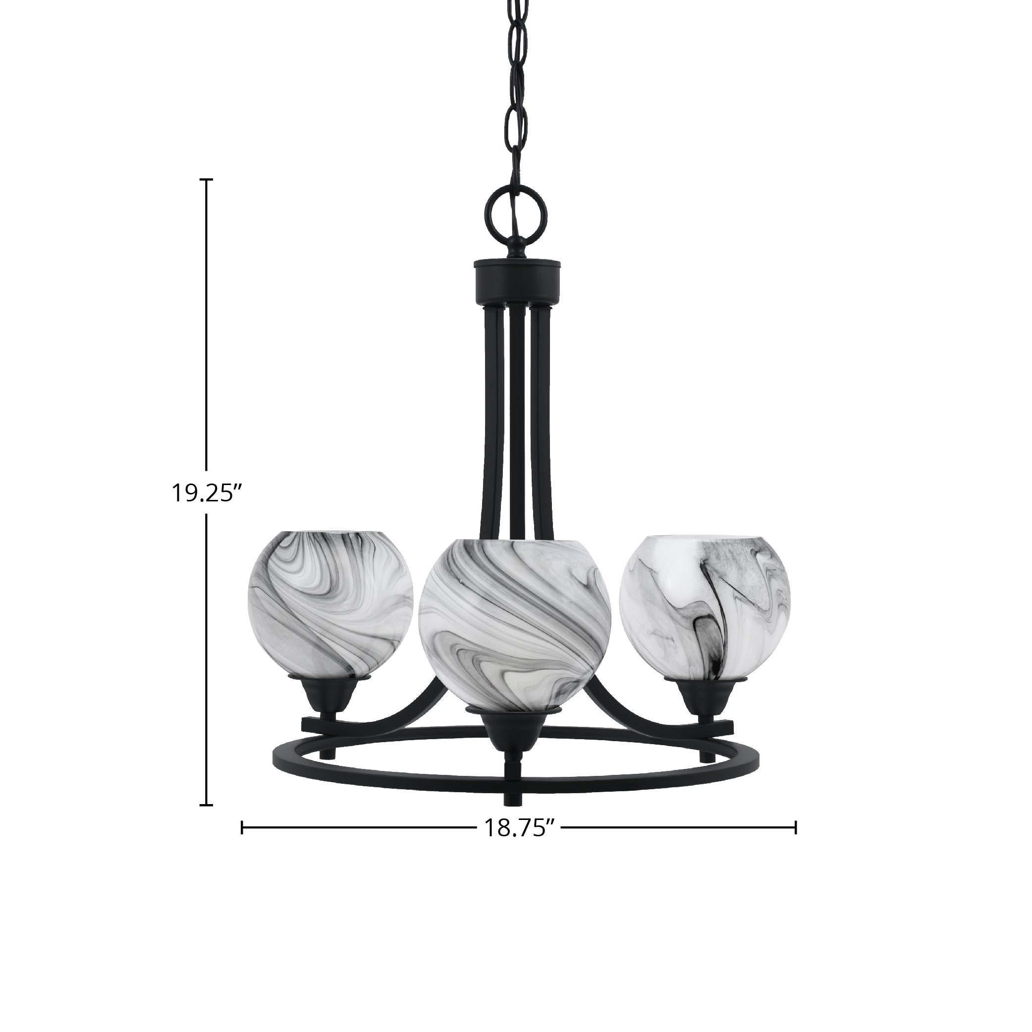 Paramount Three Light Chandelier in Matte Black with 5.75" Onyx Swirl Shade