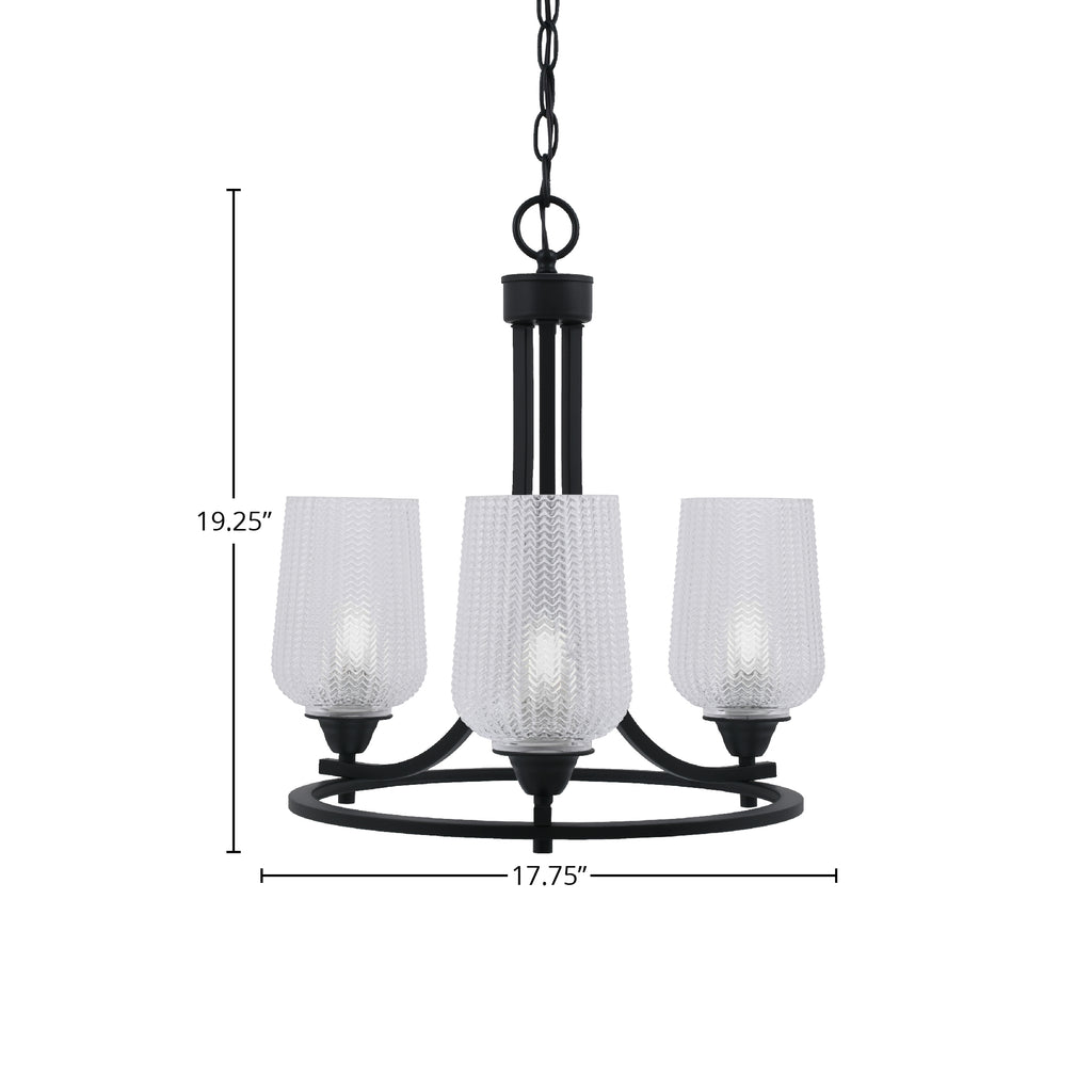 Paramount Three Light Chandelier in Matte Black with 5" Clear Textured Shade