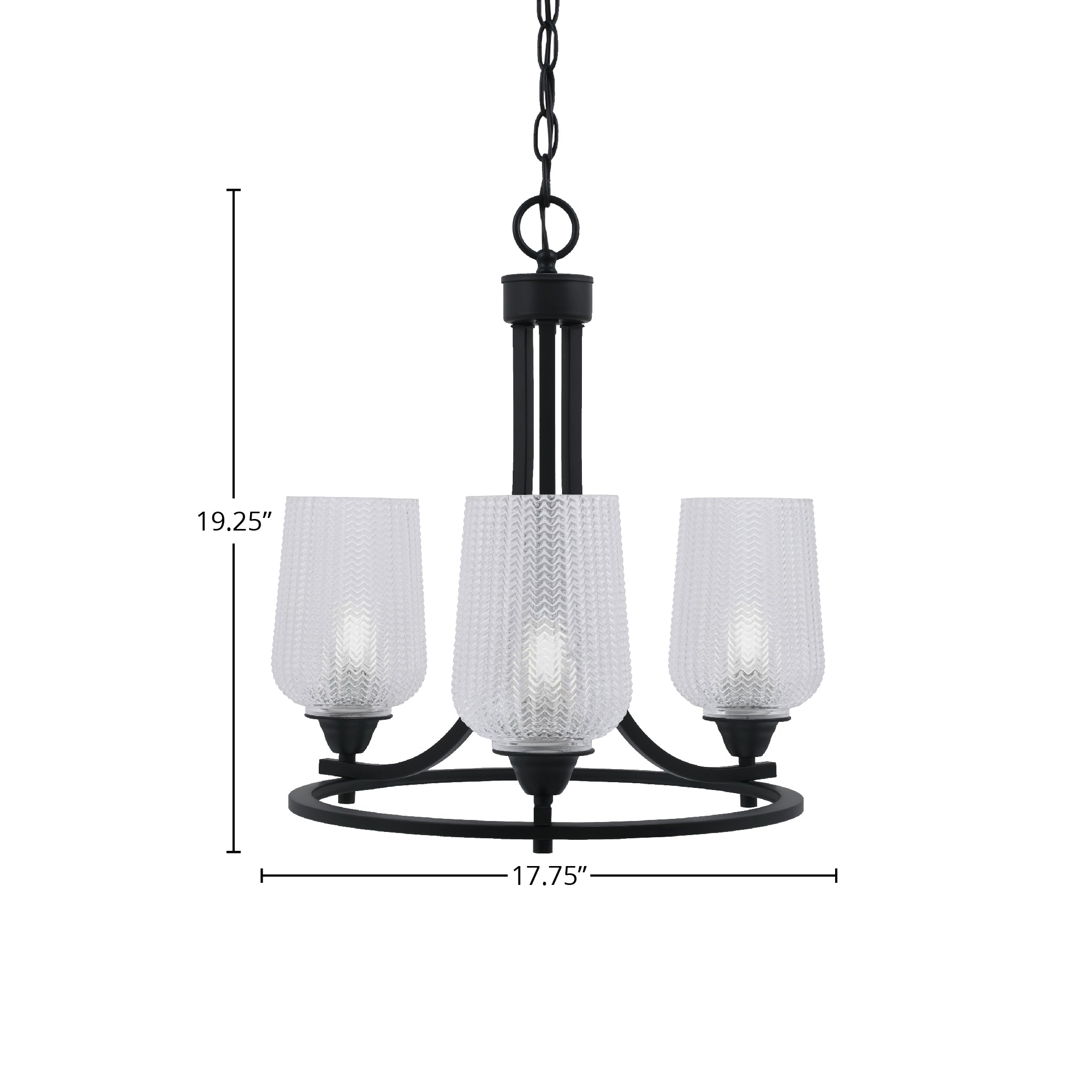Paramount Three Light Chandelier in Matte Black with 5" Clear Textured Shade