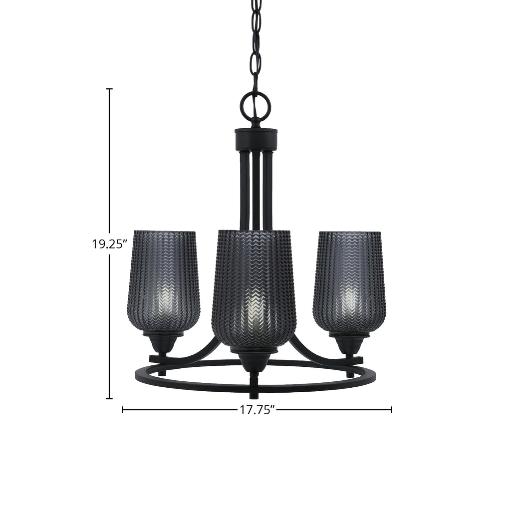 Paramount Three Light Chandelier in Matte Black with 5" Smoke Textured Shade
