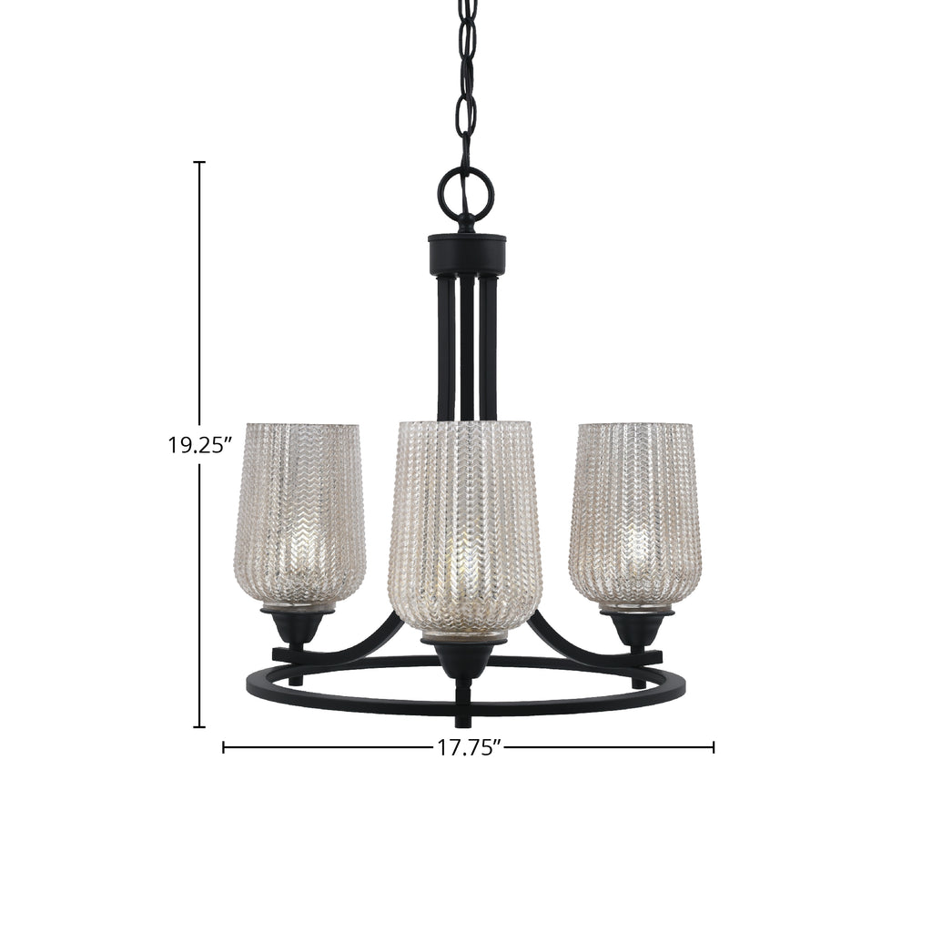 Paramount Three Light Chandelier in Matte Black with 5" Silver Textured Shade