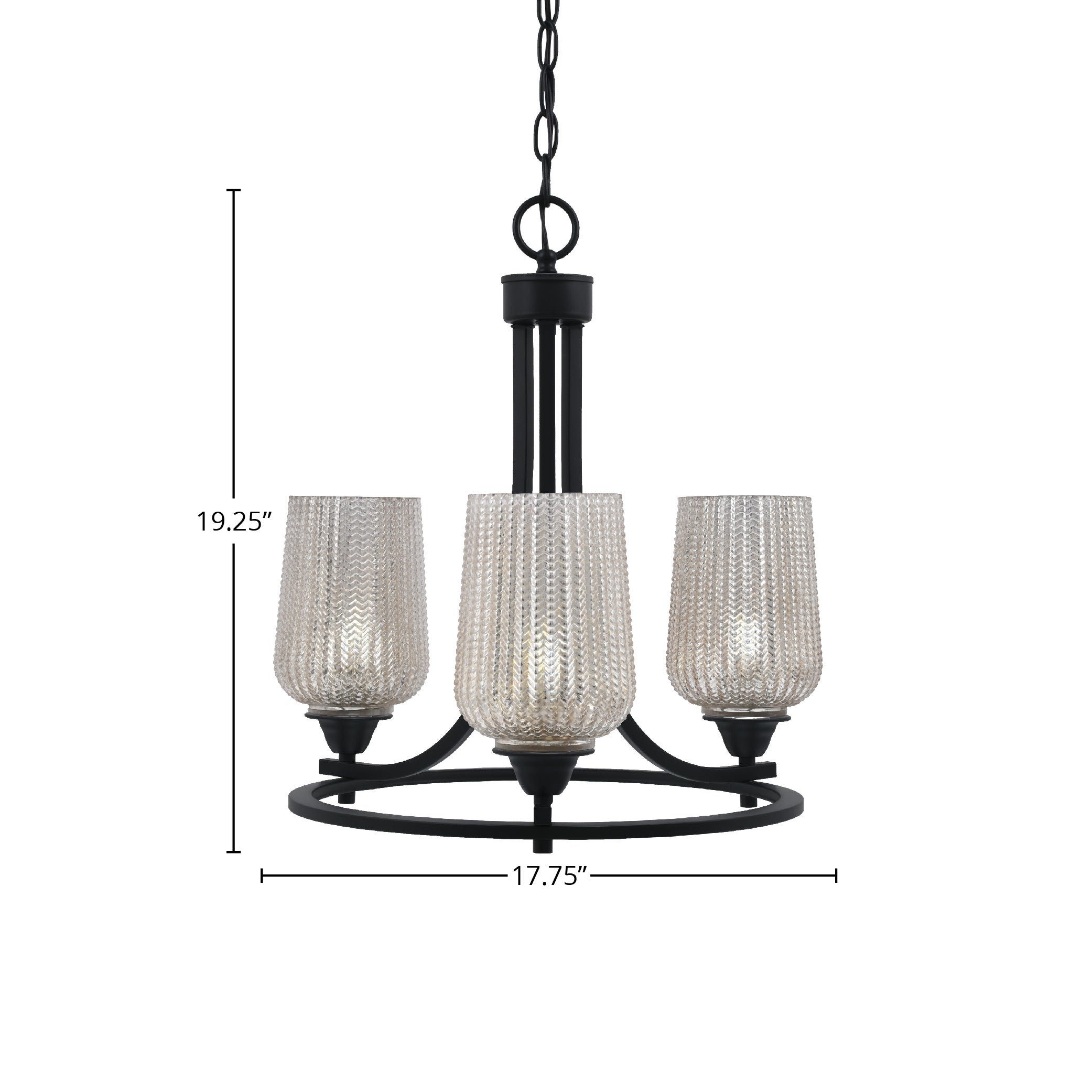 Paramount Three Light Chandelier in Matte Black with 5" Silver Textured Shade