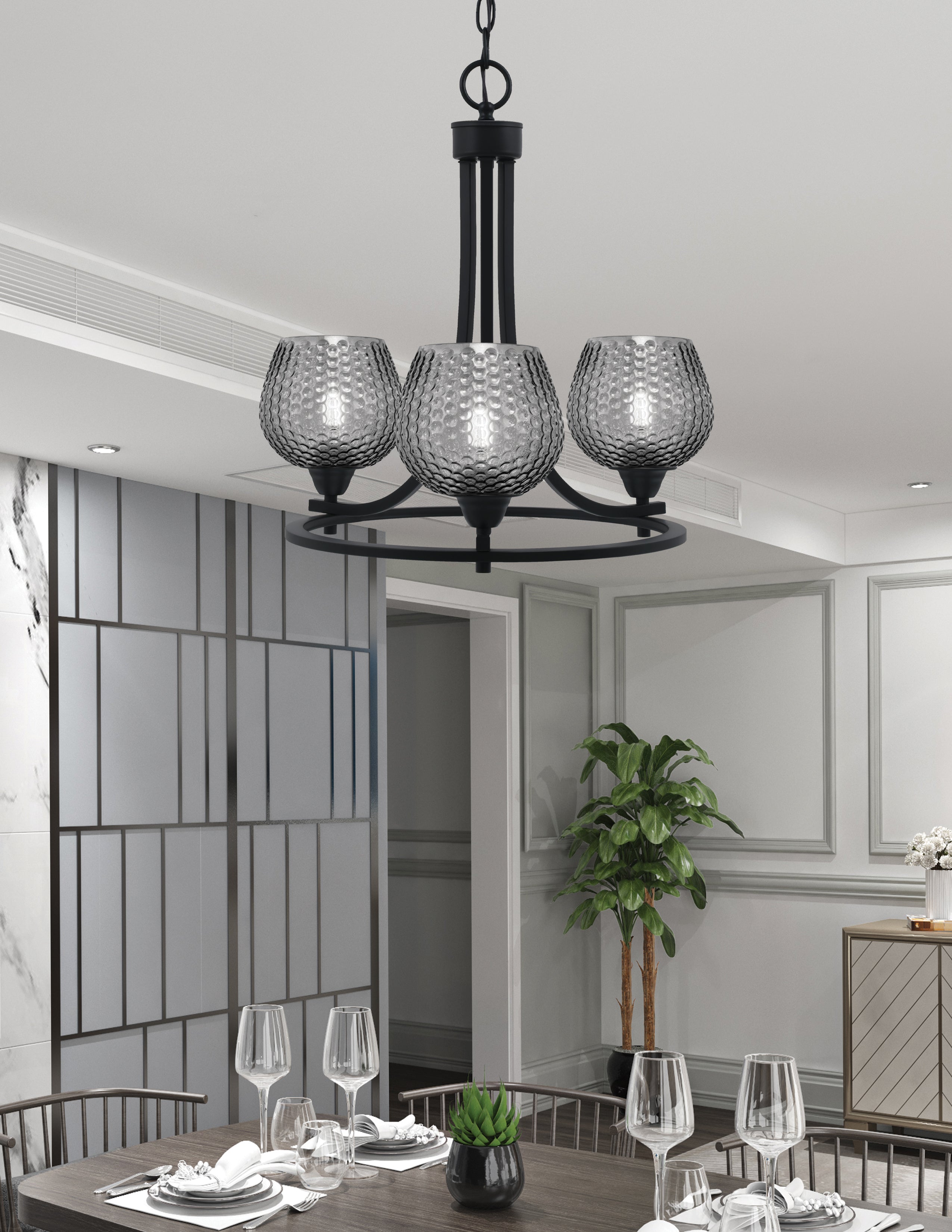 Paramount Three Light Chandelier in Matte Black with Smoke Textured Shade