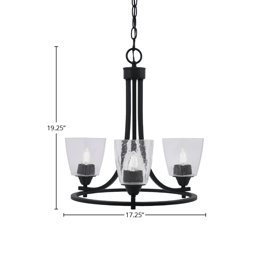 Paramount Three Light Chandelier in Matte Black with 4.5" Square Clear Bubble Shade