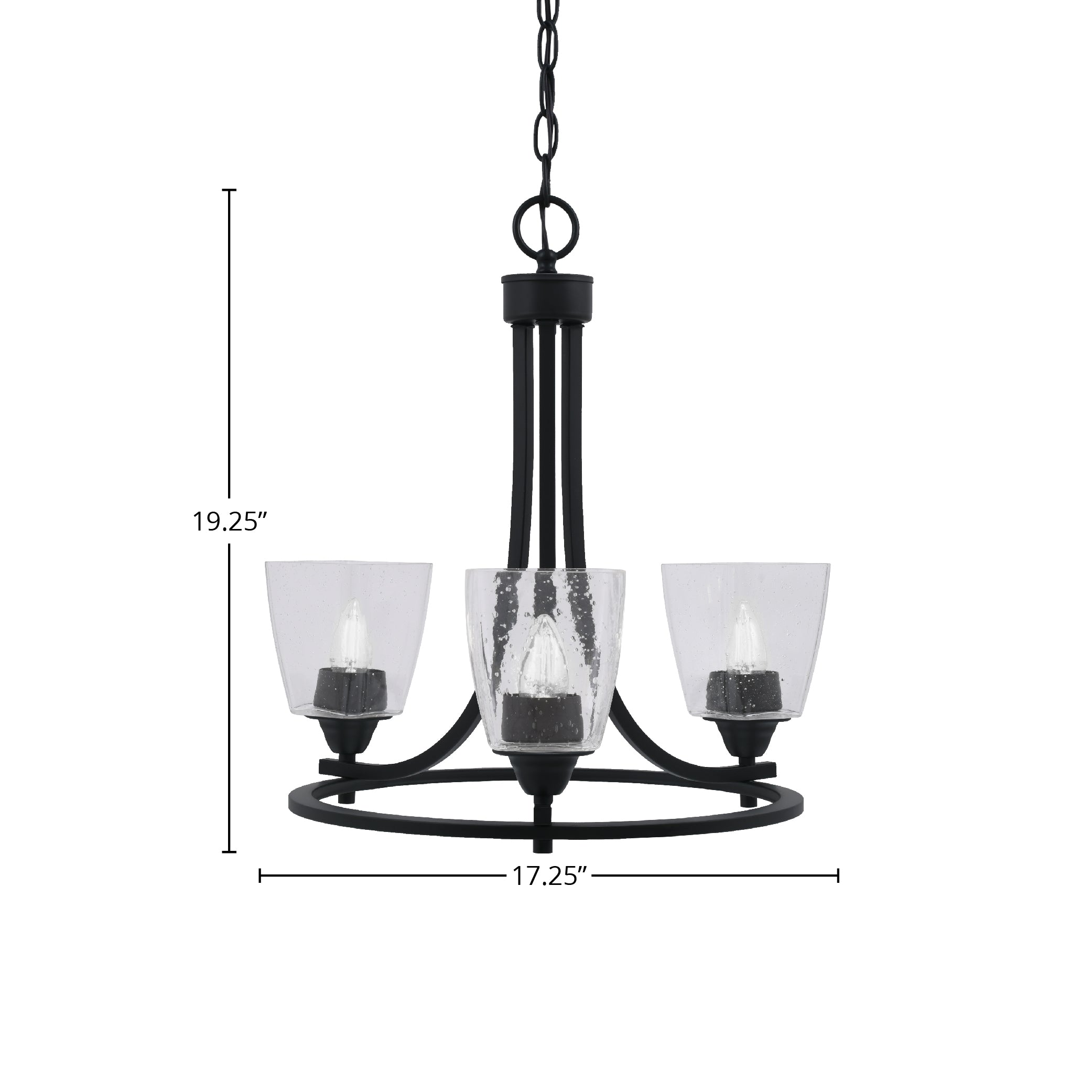 Paramount Three Light Chandelier in Matte Black with 4.5" Square Clear Bubble Shade