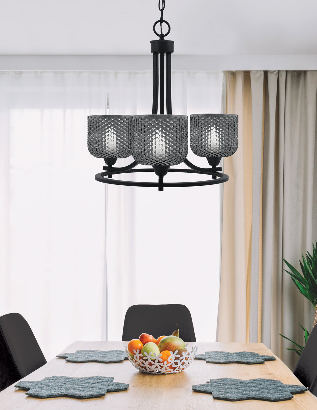 Paramount Three Light Chandelier in Matte Black with Smoke Textured Shade