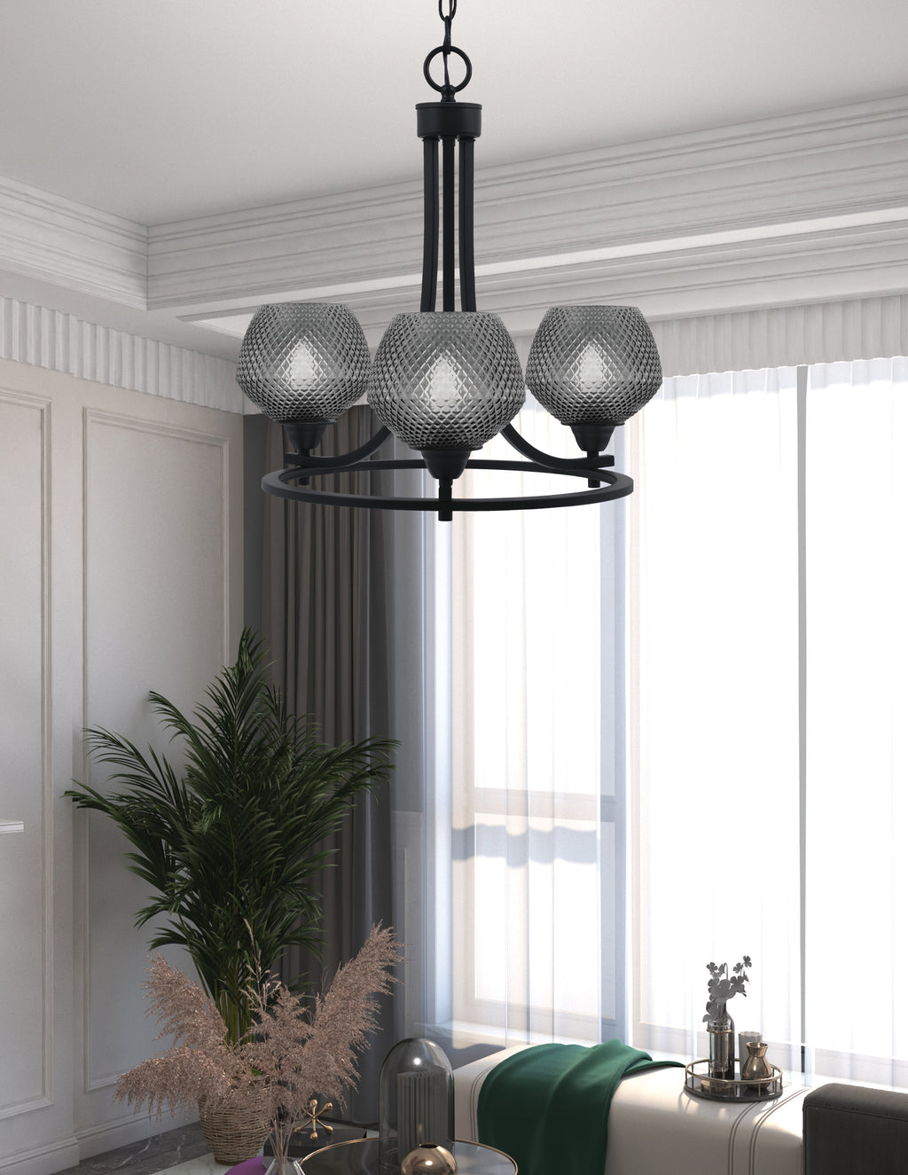 Paramount Three Light Chandelier in Matte Black with Smoke Textured Shade