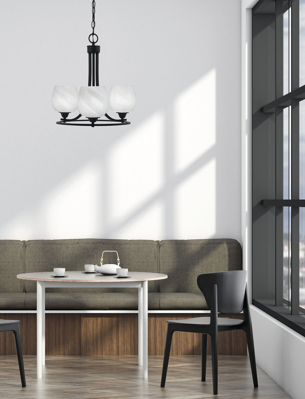 Paramount Three Light Chandelier in Matte Black with 6" White Marble Shade