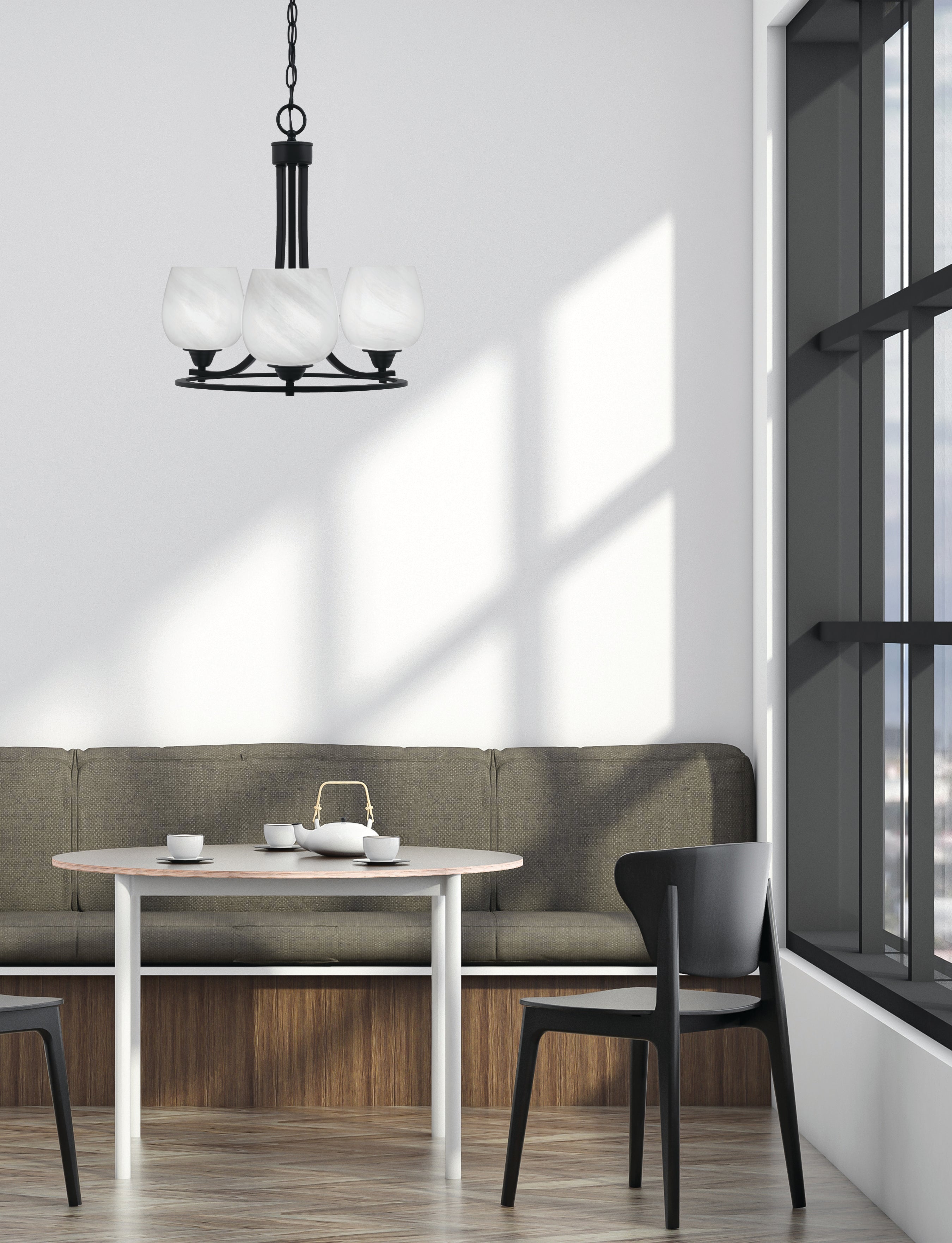 Paramount Three Light Chandelier in Matte Black with 6" White Marble Shade