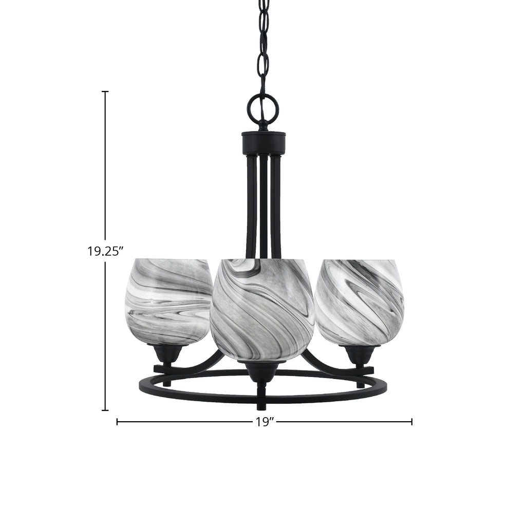 Paramount Three Light Chandelier in Matte Black with 6" Onyx Swirl Shade