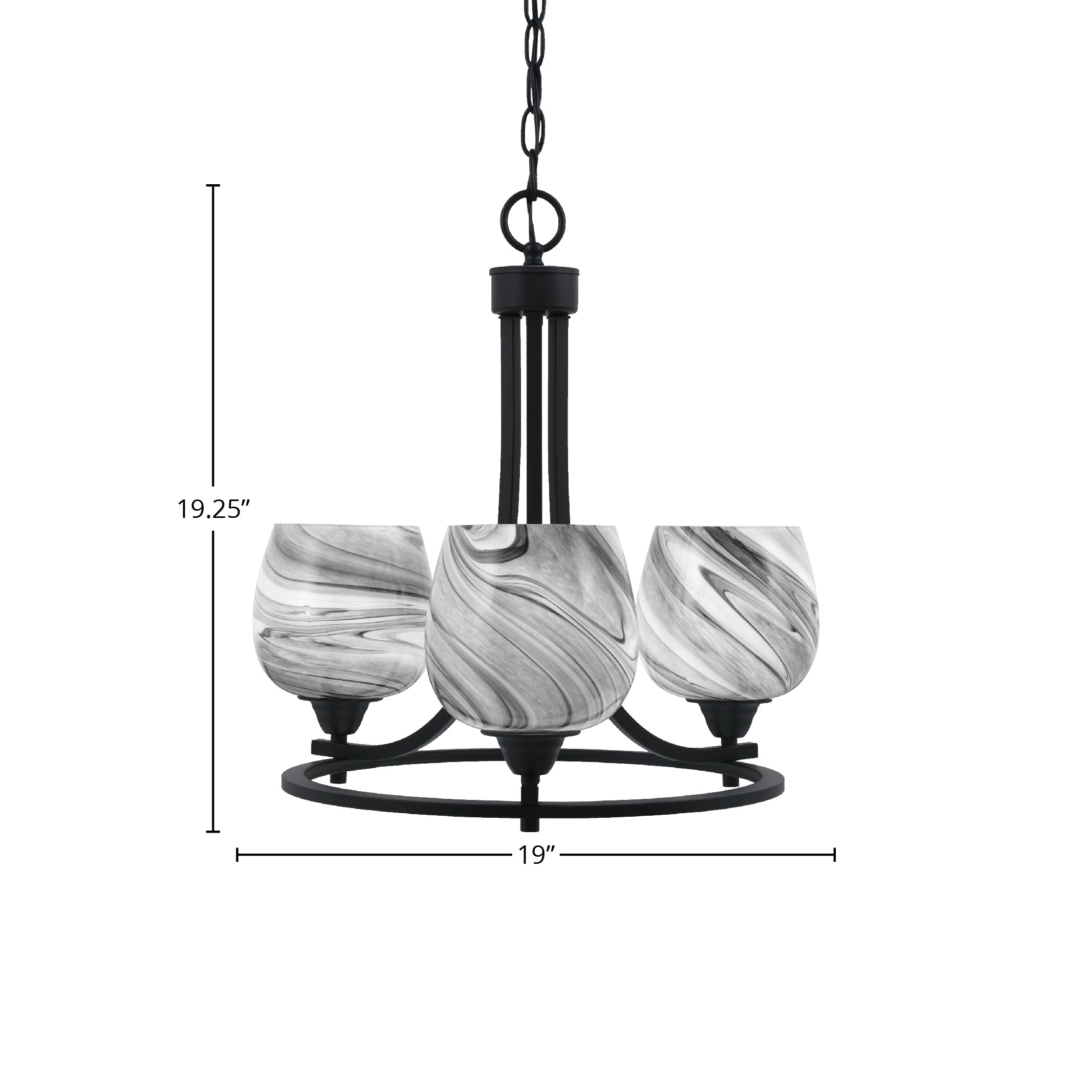 Paramount Three Light Chandelier in Matte Black with 6" Onyx Swirl Shade