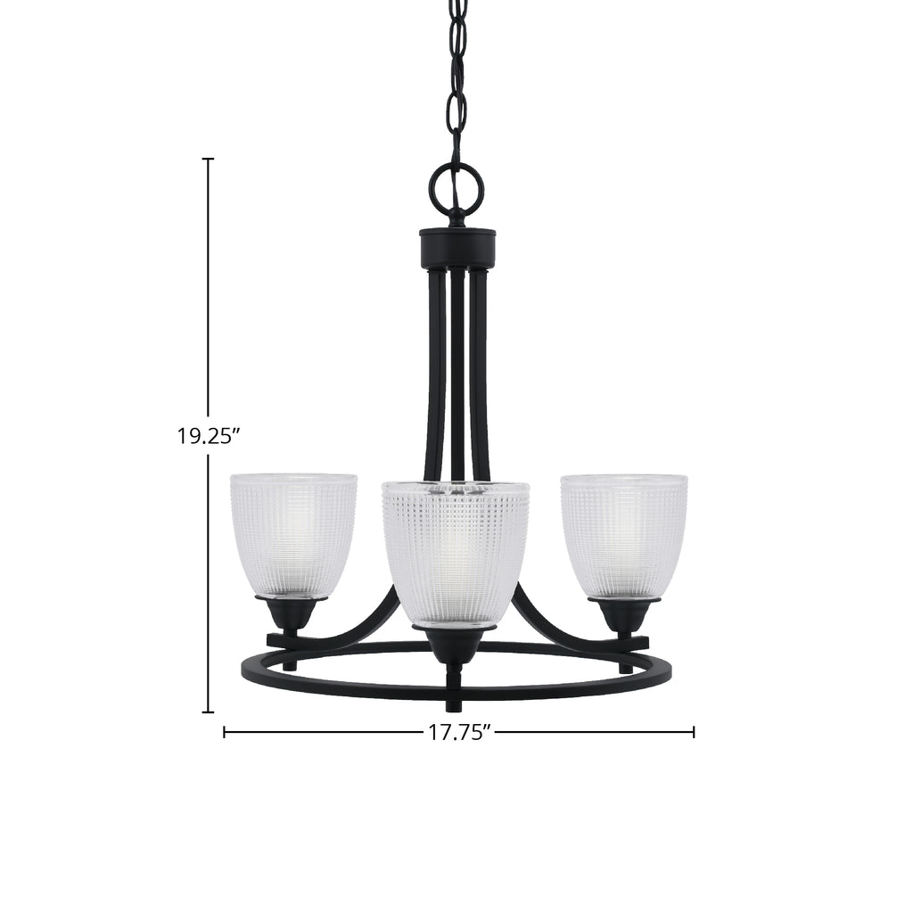 Paramount Three Light Chandelier in Matte Black with 5" Clear Ribbed Shade