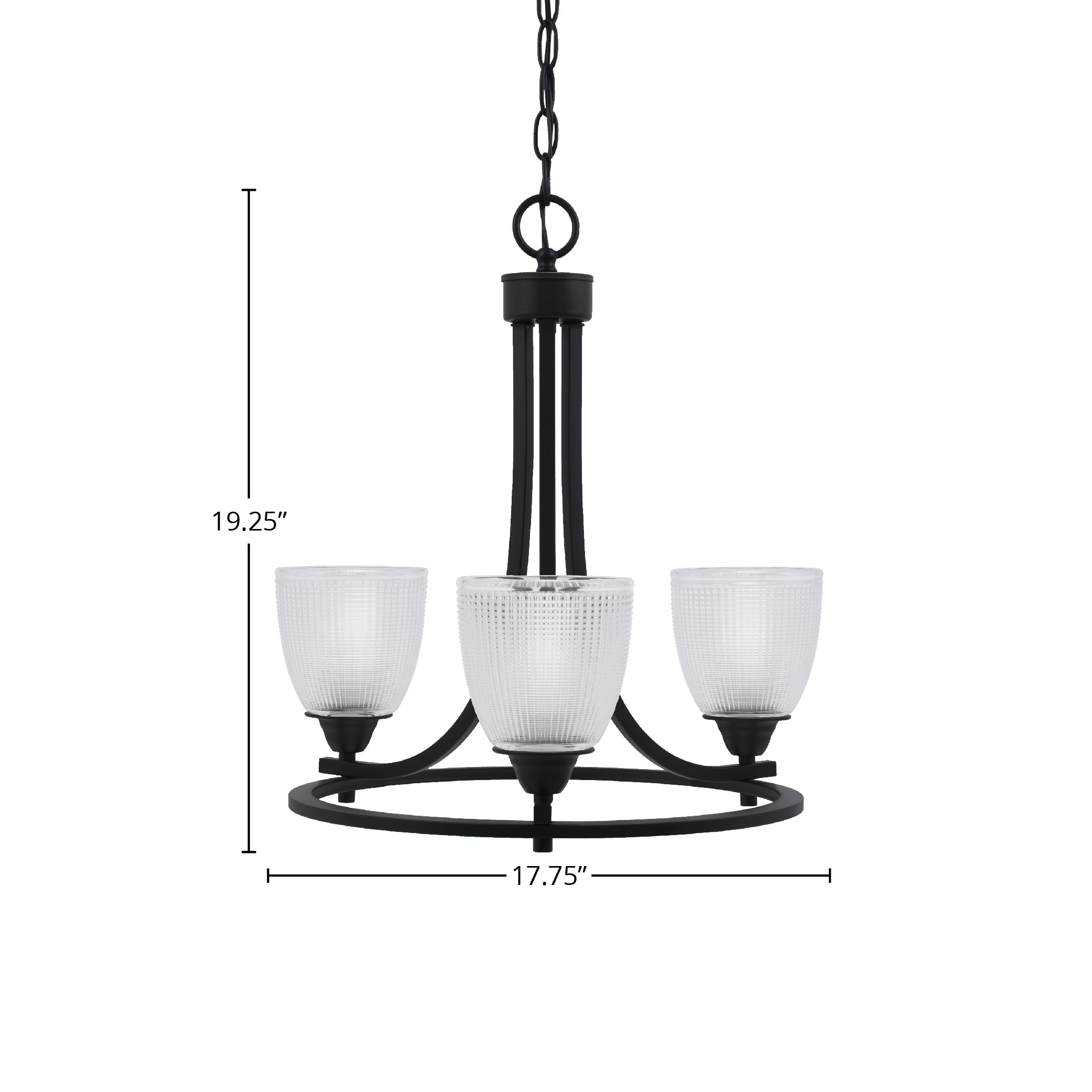 Paramount Three Light Chandelier in Matte Black with 5" Clear Ribbed Shade