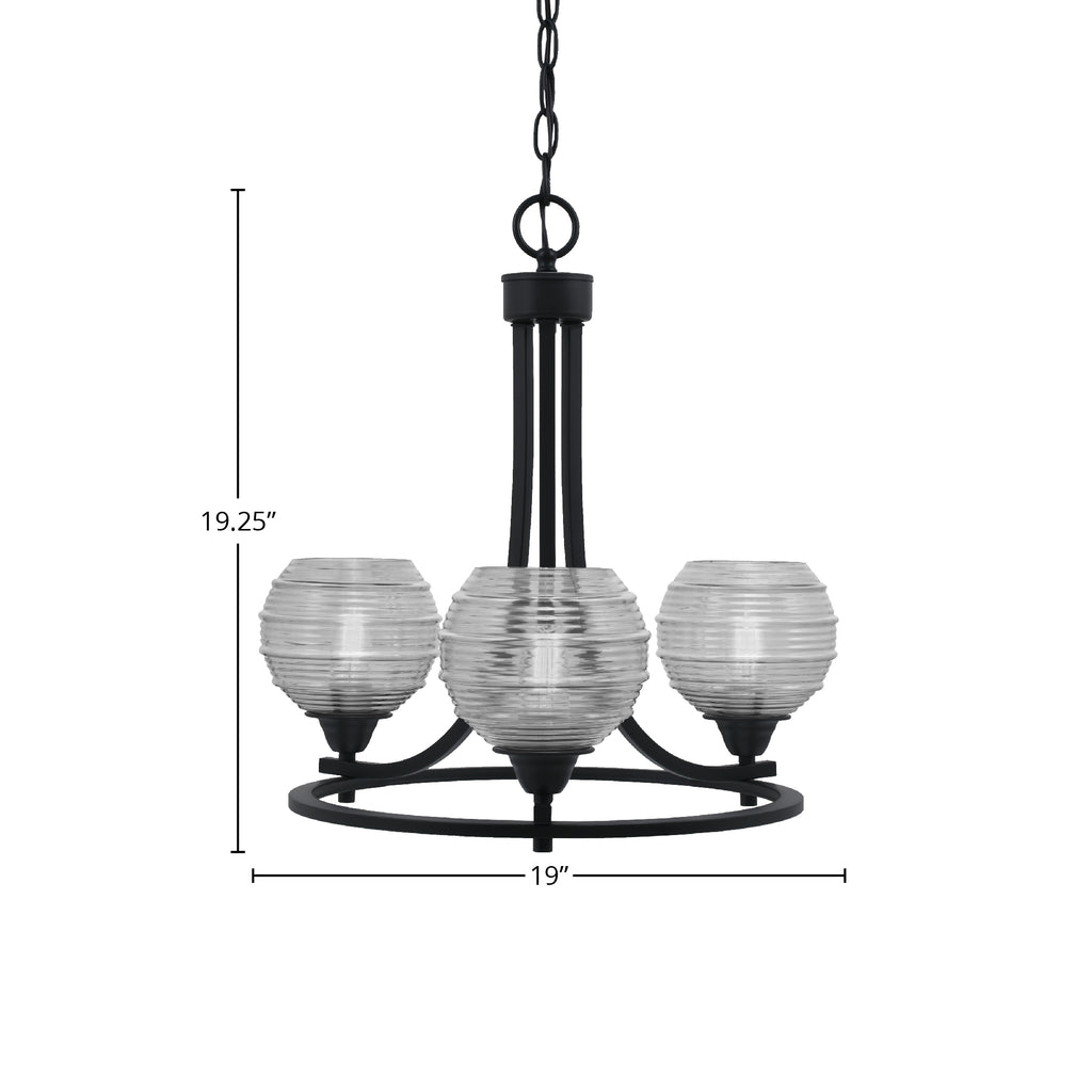 Paramount Three Light Chandelier in Matte Black with 6" Clear Ribbed Shade