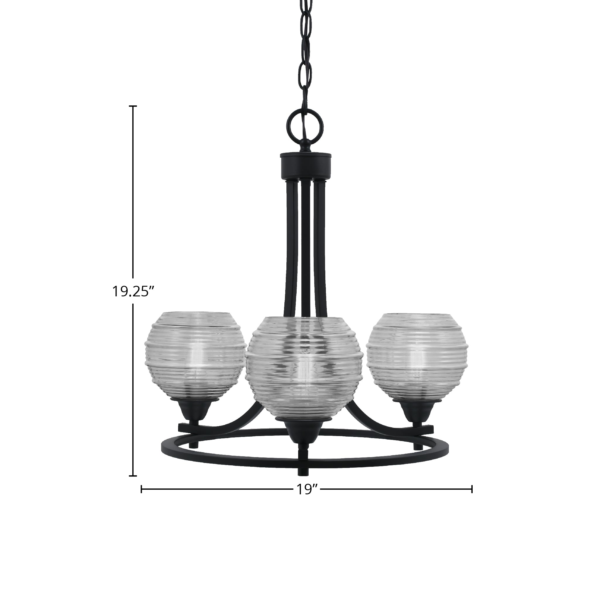 Paramount Three Light Chandelier in Matte Black with 6" Clear Ribbed Shade