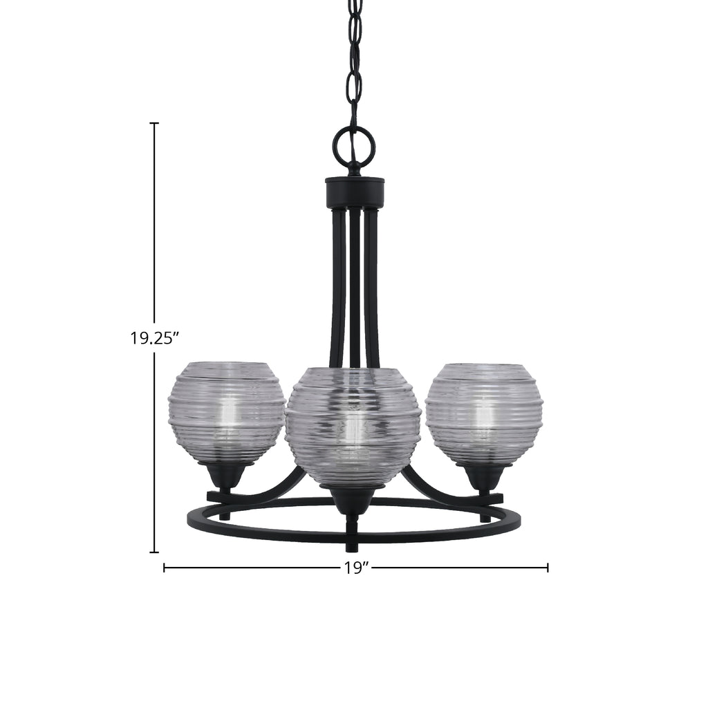 Paramount Three Light Chandelier in Matte Black with 6" Smoke Ribbed Shade