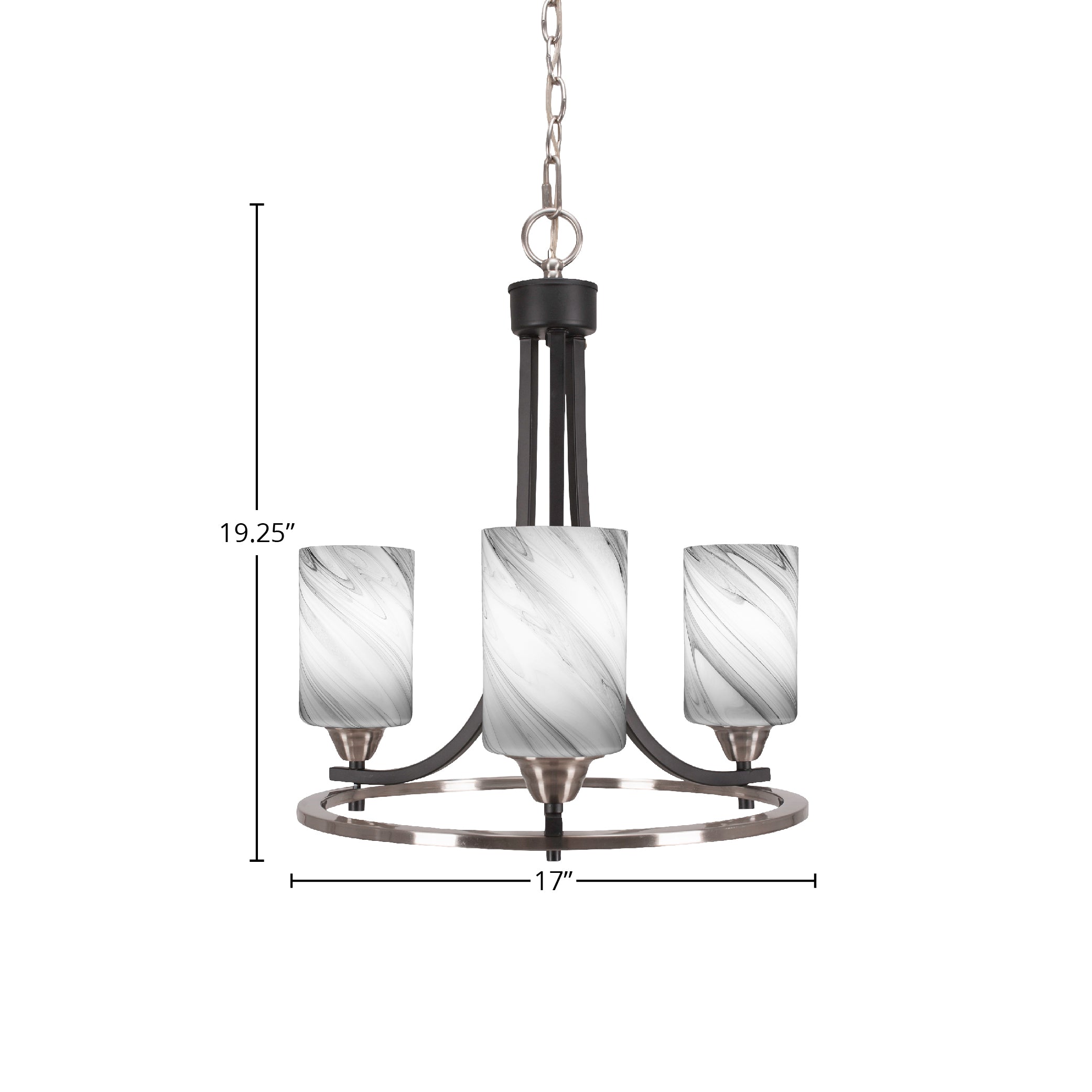 Paramount Three Light Chandelier in Matte Black & Brushed Nickel with 4" Onyx Swirl Shade