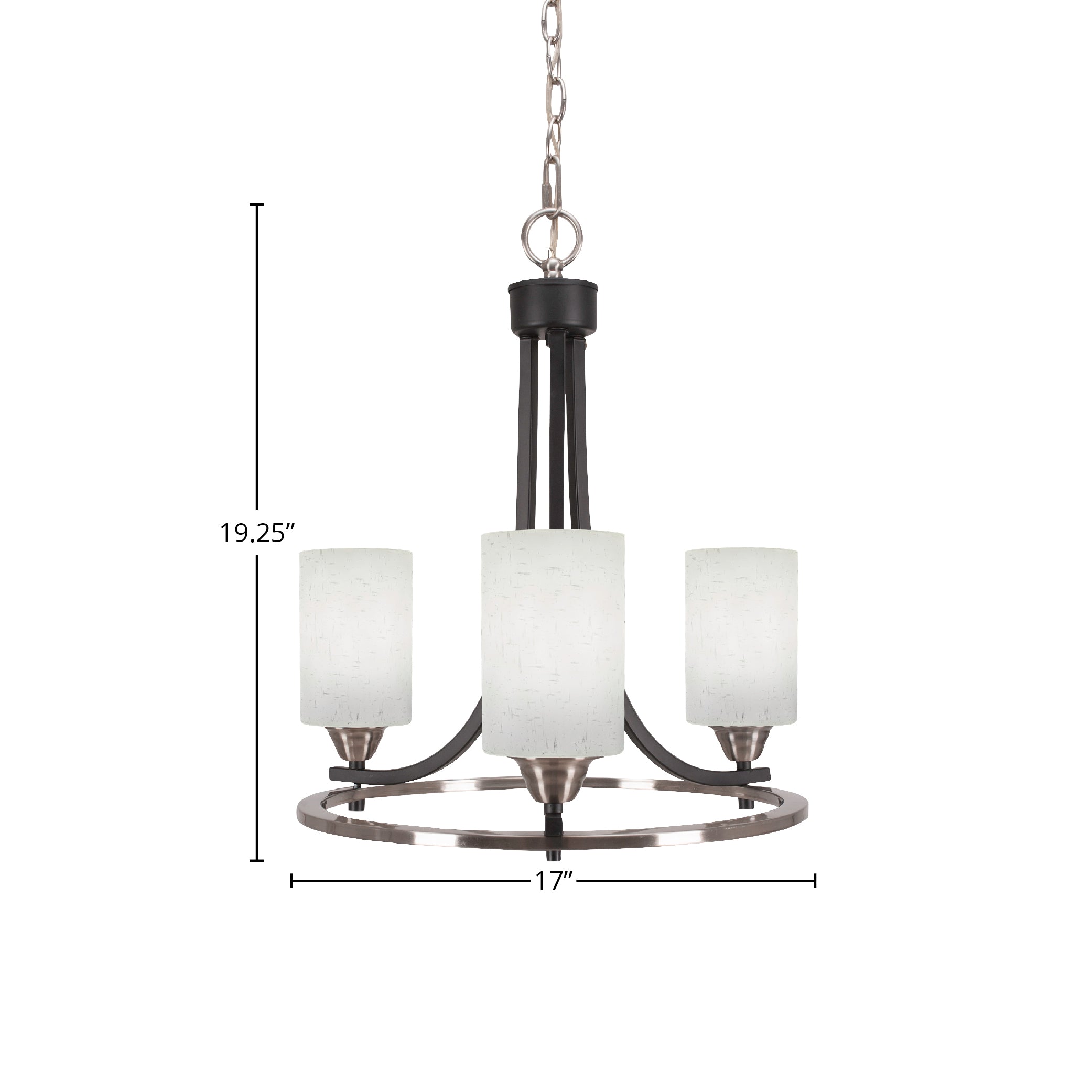 Paramount Three Light Chandelier in Matte Black & Brushed Nickel with 4" White Muslin Shade