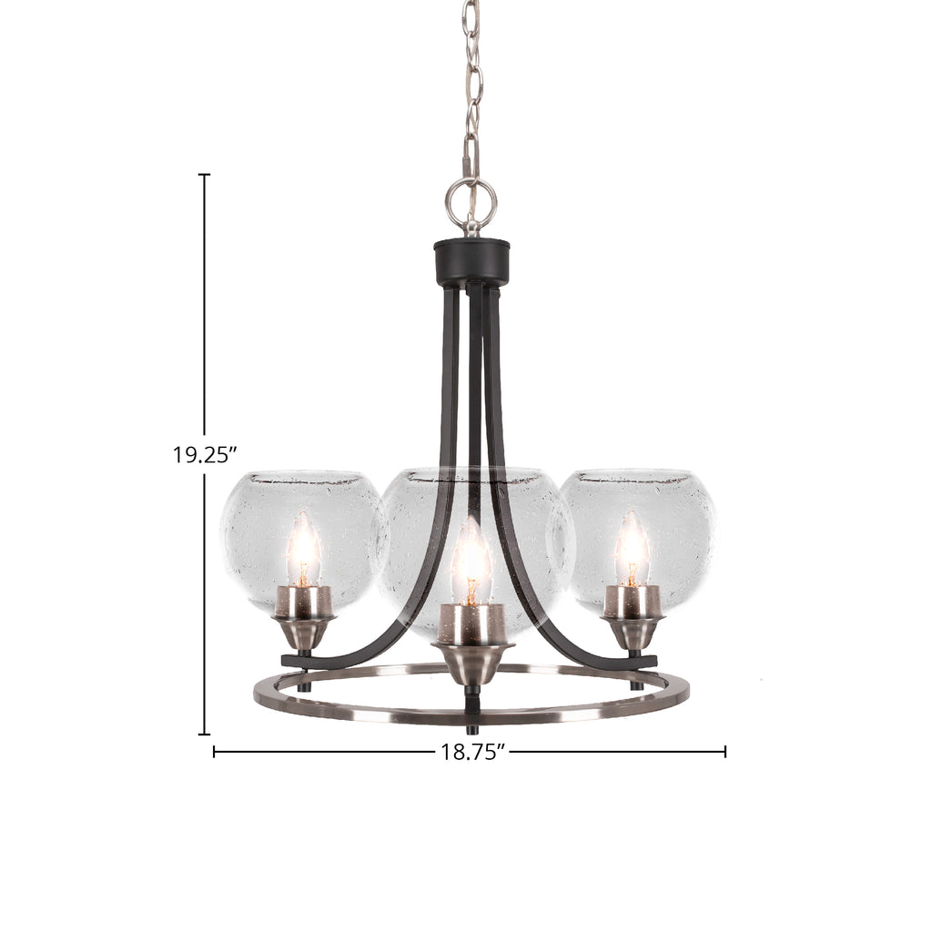 Paramount Three Light Chandelier in Matte Black & Brushed Nickel with 5.75" Clear Bubble Shade