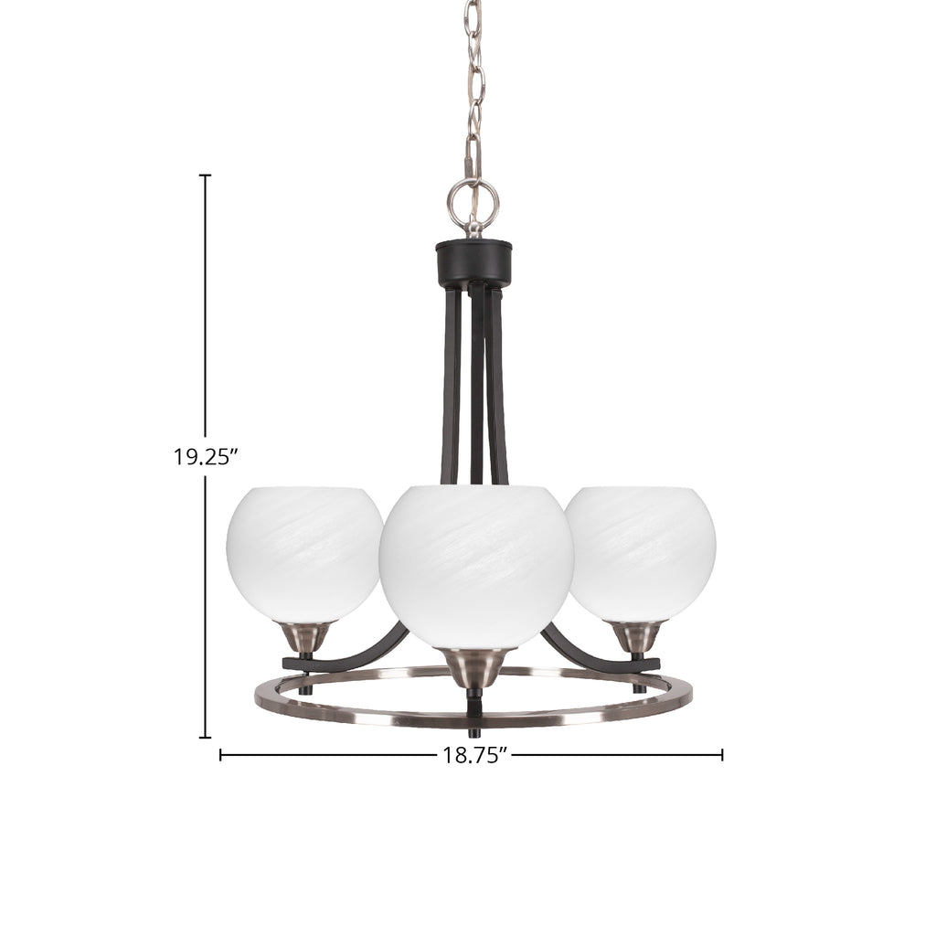 Paramount Three Light Chandelier in Matte Black & Brushed Nickel with 5.75" White Marble Shade