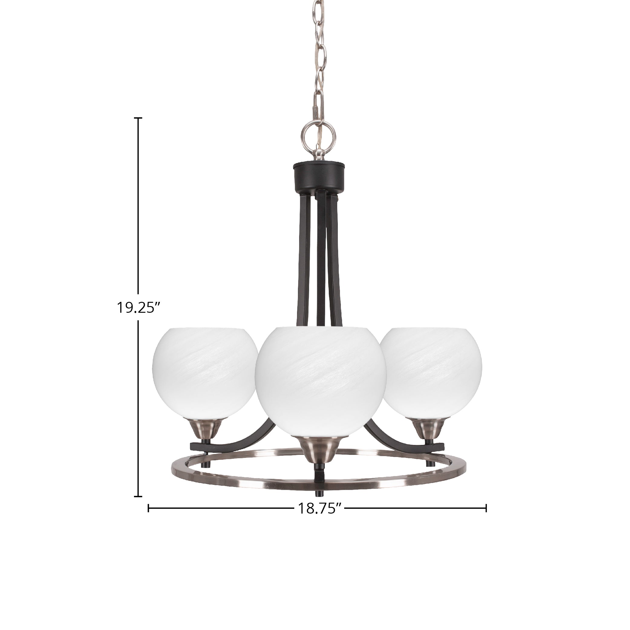 Paramount Three Light Chandelier in Matte Black & Brushed Nickel with 5.75" White Marble Shade