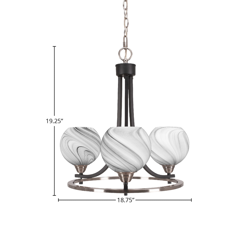 Paramount Three Light Chandelier in Matte Black & Brushed Nickel with 5.75" Onyx Swirl Shade
