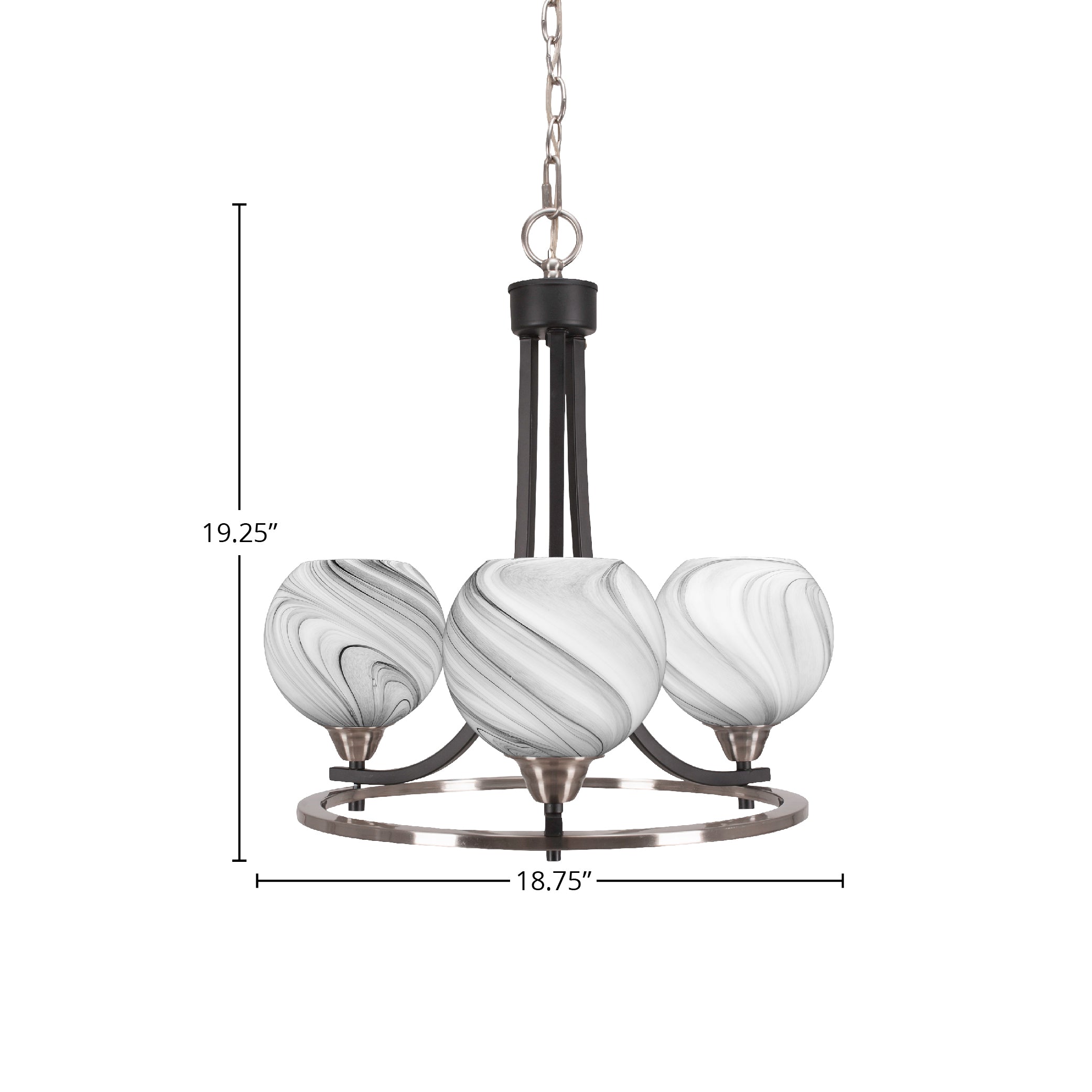 Paramount Three Light Chandelier in Matte Black & Brushed Nickel with 5.75" Onyx Swirl Shade