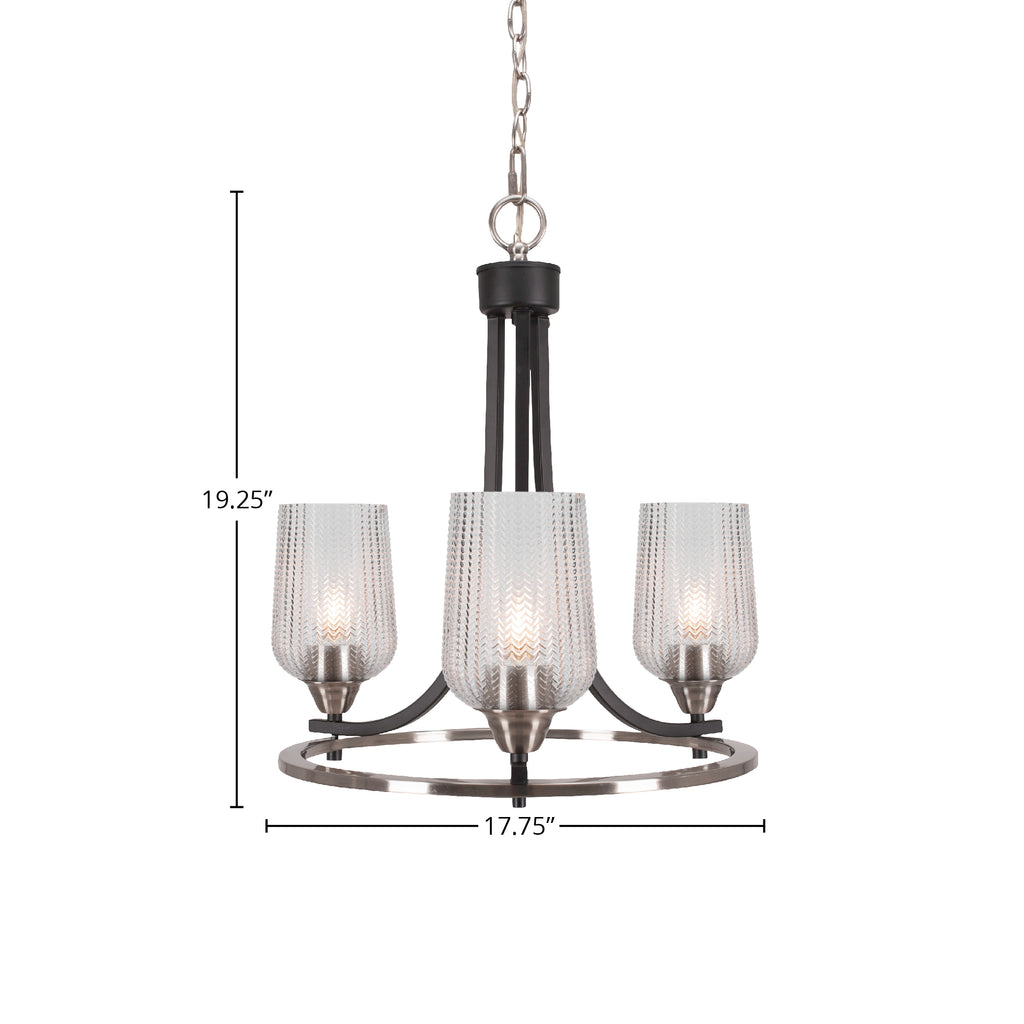 Paramount Three Light Chandelier in Matte Black & Brushed Nickel with 5" Clear Textured Shade
