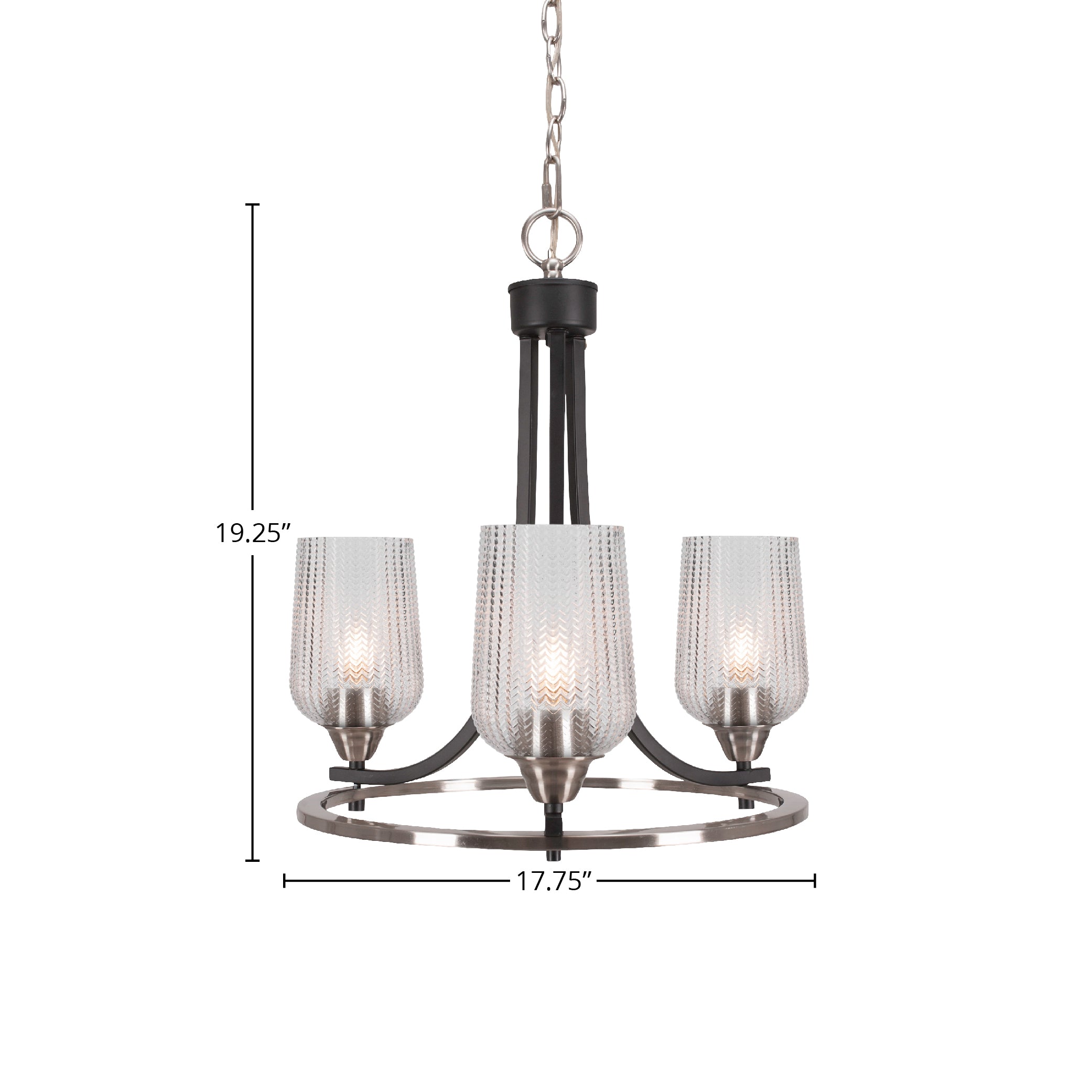 Paramount Three Light Chandelier in Matte Black & Brushed Nickel with 5" Clear Textured Shade