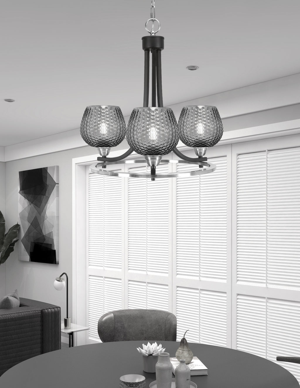 Paramount Three Light Chandelier in Matte Black & Brushed Nickel with Smoke Textured Shade