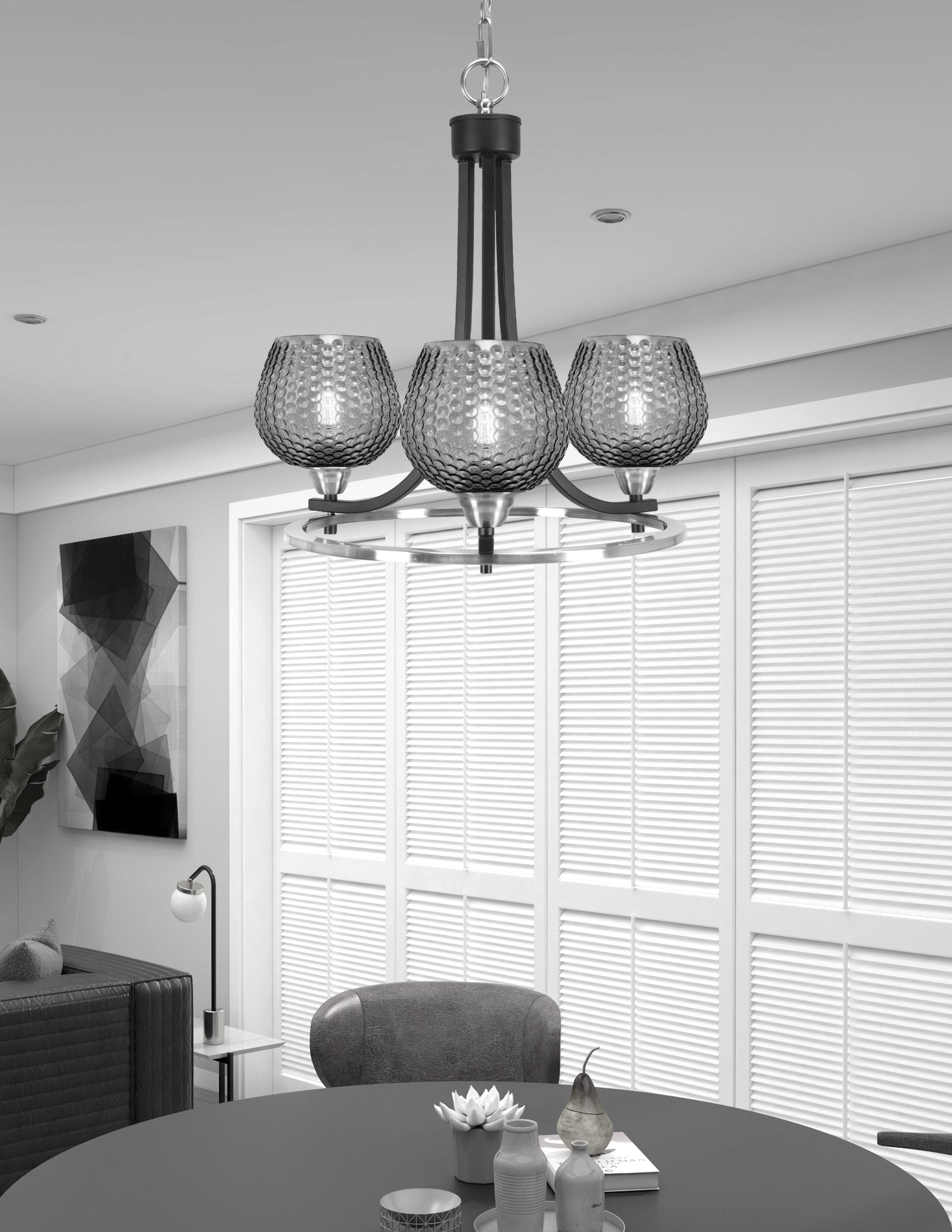 Paramount Three Light Chandelier in Matte Black & Brushed Nickel with Smoke Textured Shade