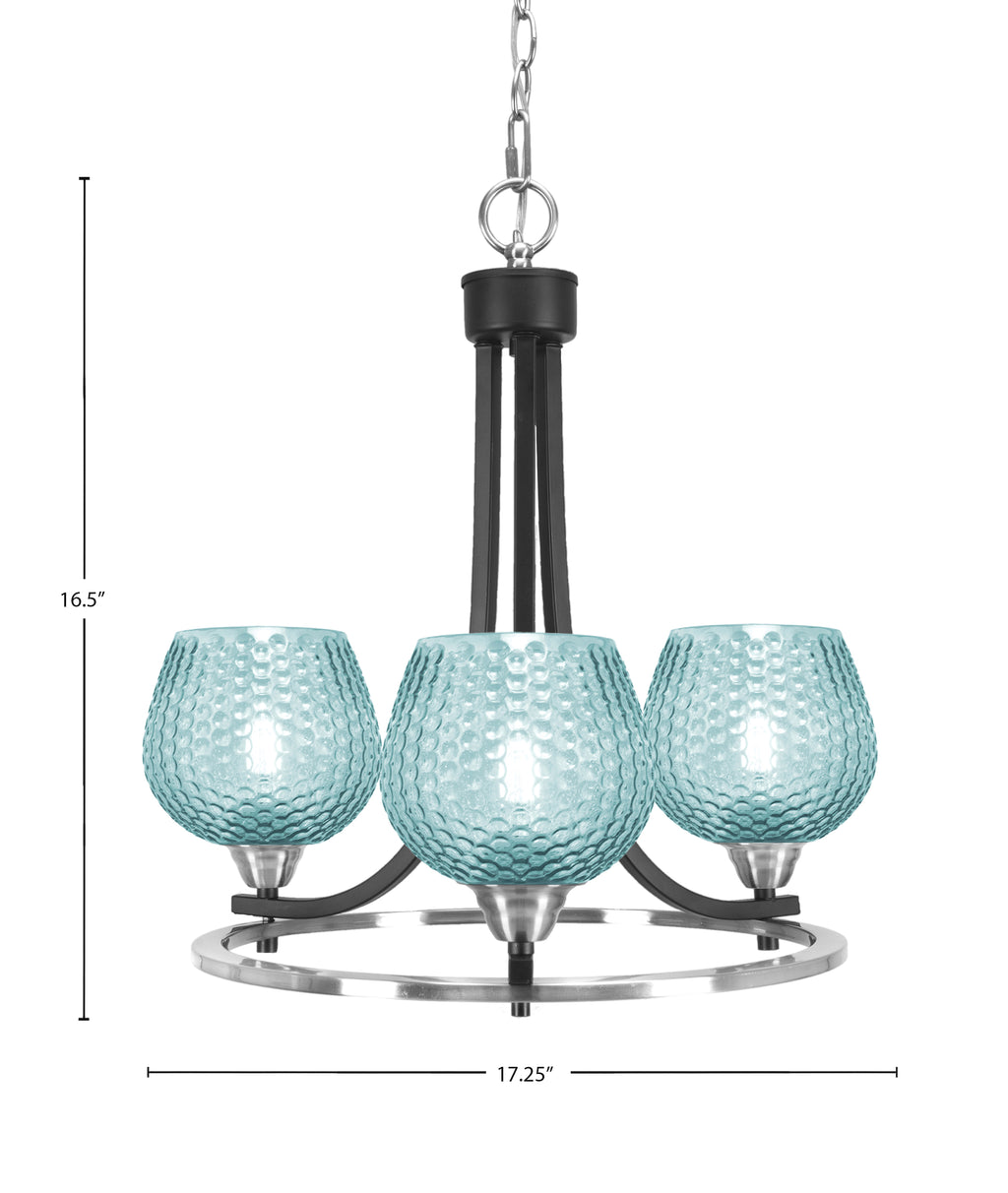 Paramount Three Light Chandelier in Matte Black & Brushed Nickel with Turquoise Textured Shade