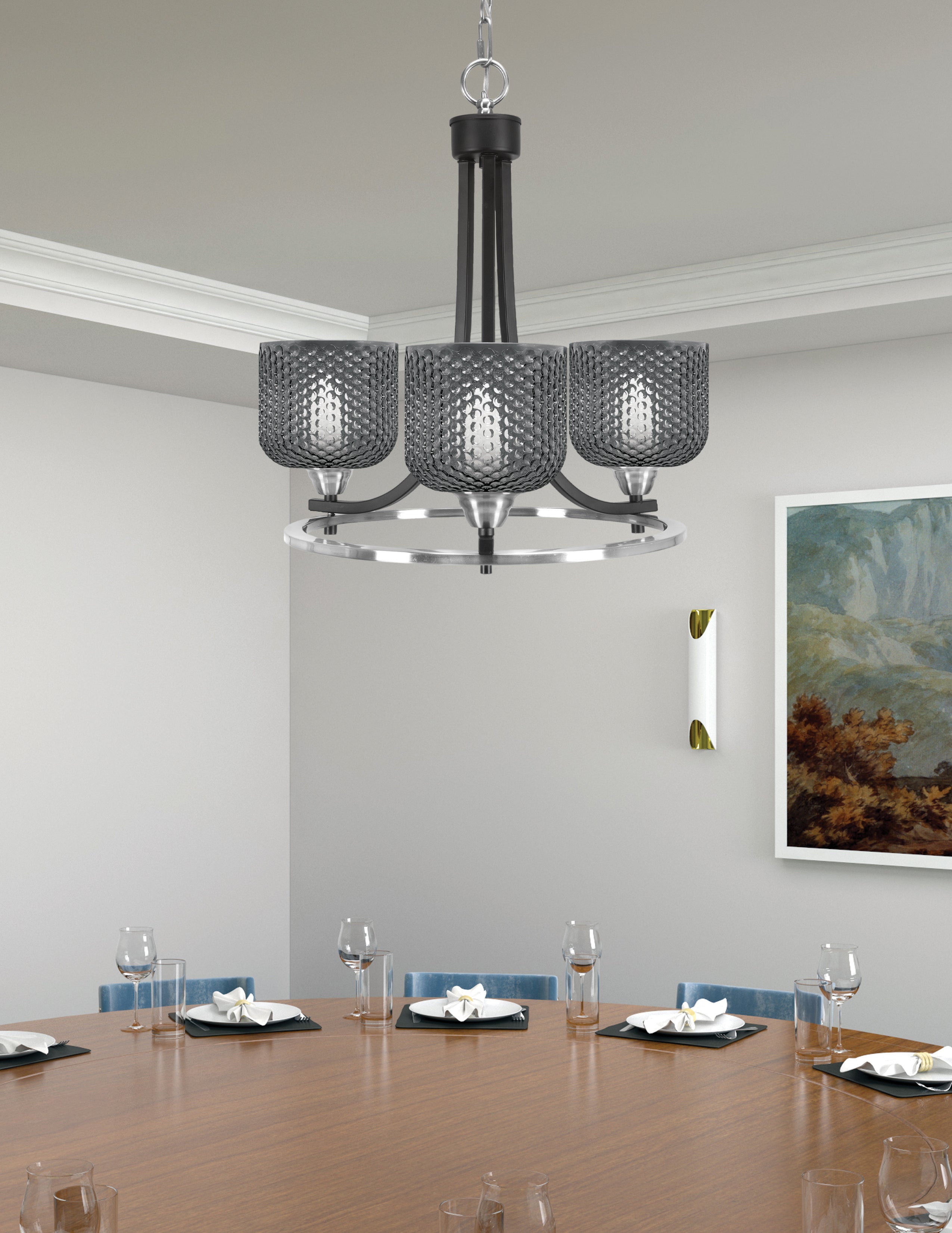 Paramount Three Light Chandelier in Matte Black & Brushed Nickel with Smoke Textured Shade
