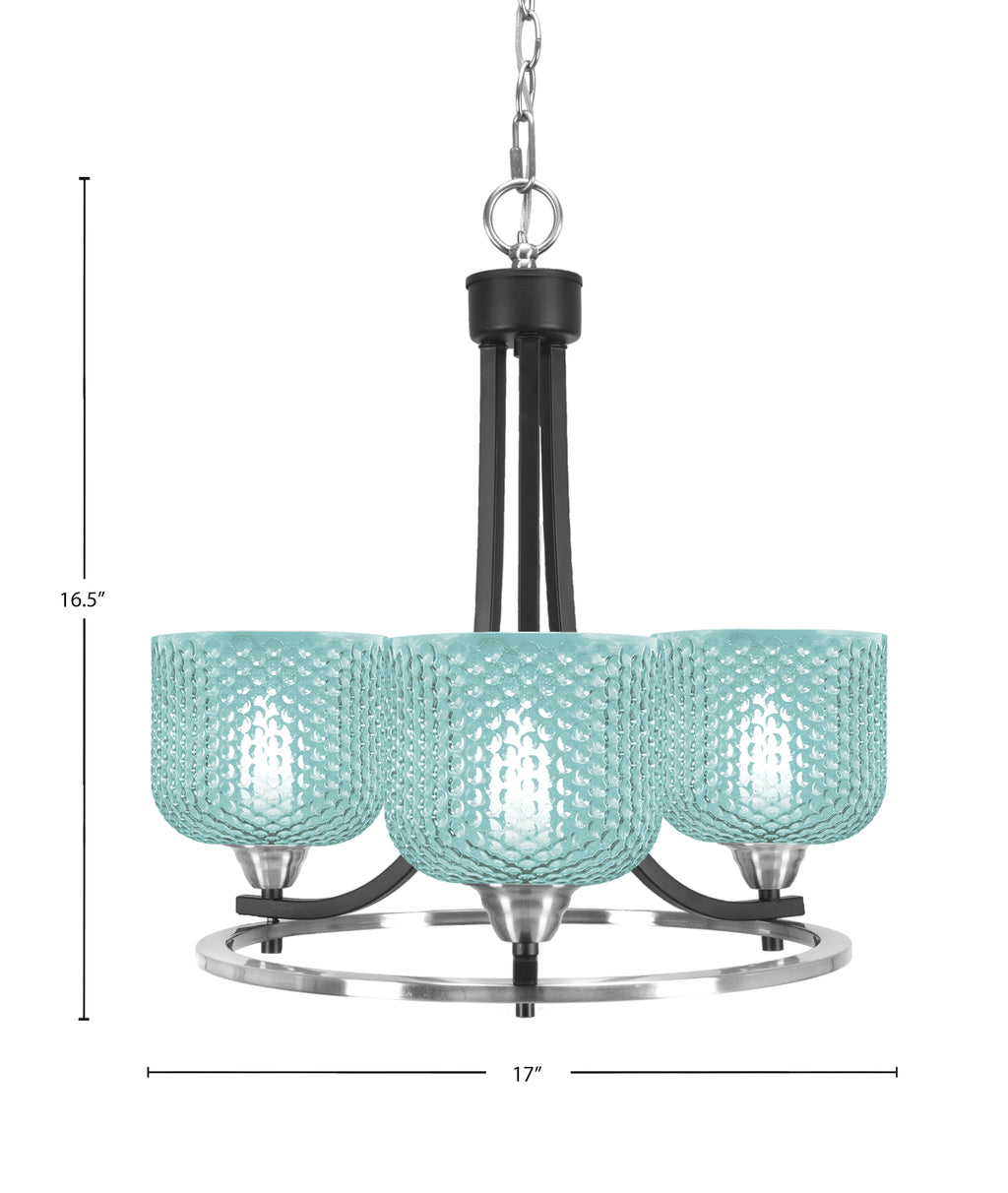 Paramount Three Light Chandelier in Matte Black & Brushed Nickel with Turquoise Textured Shade