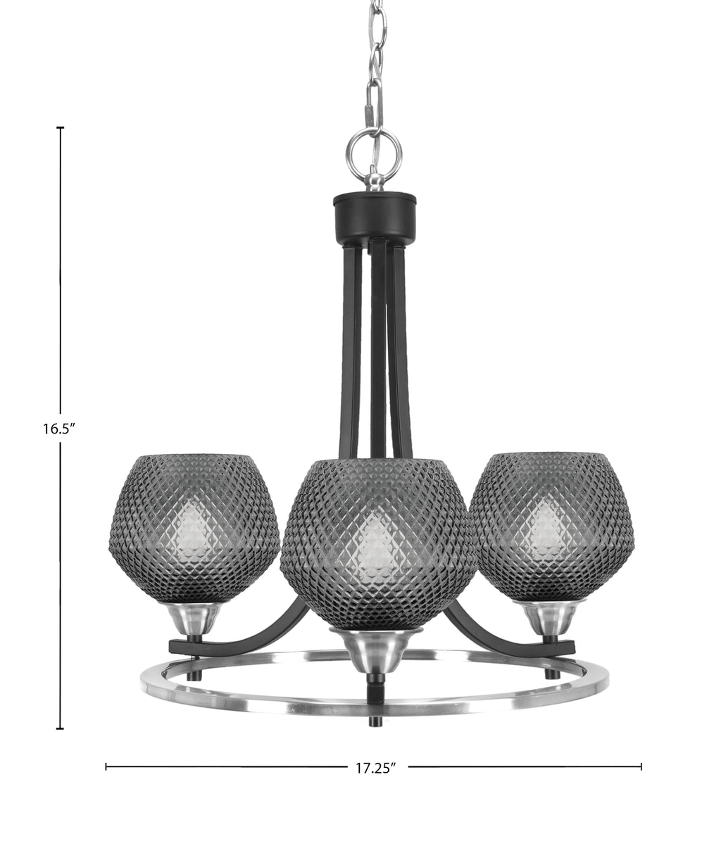 Paramount Three Light Chandelier in Matte Black & Brushed Nickel with Smoke Textured Shade
