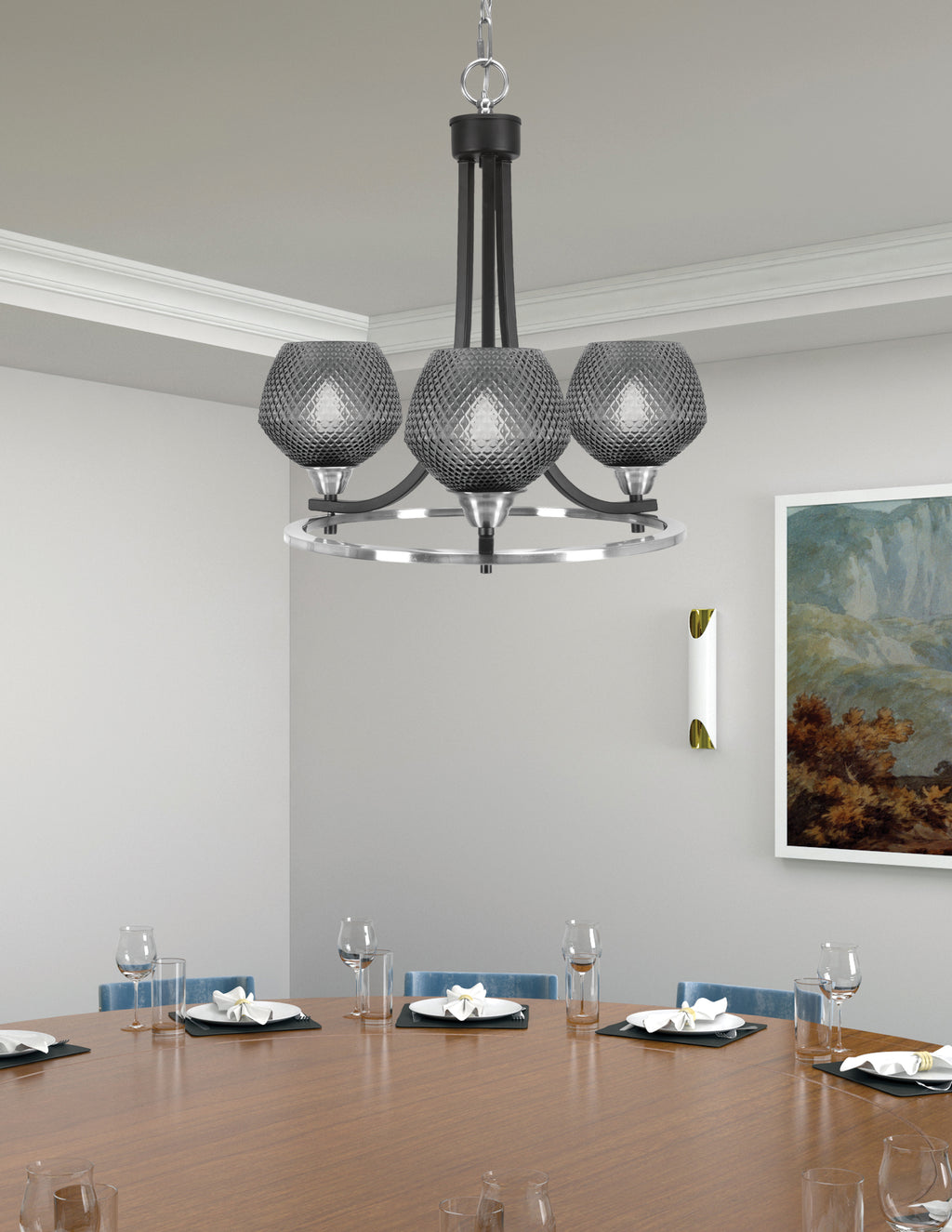 Paramount Three Light Chandelier in Matte Black & Brushed Nickel with Smoke Textured Shade