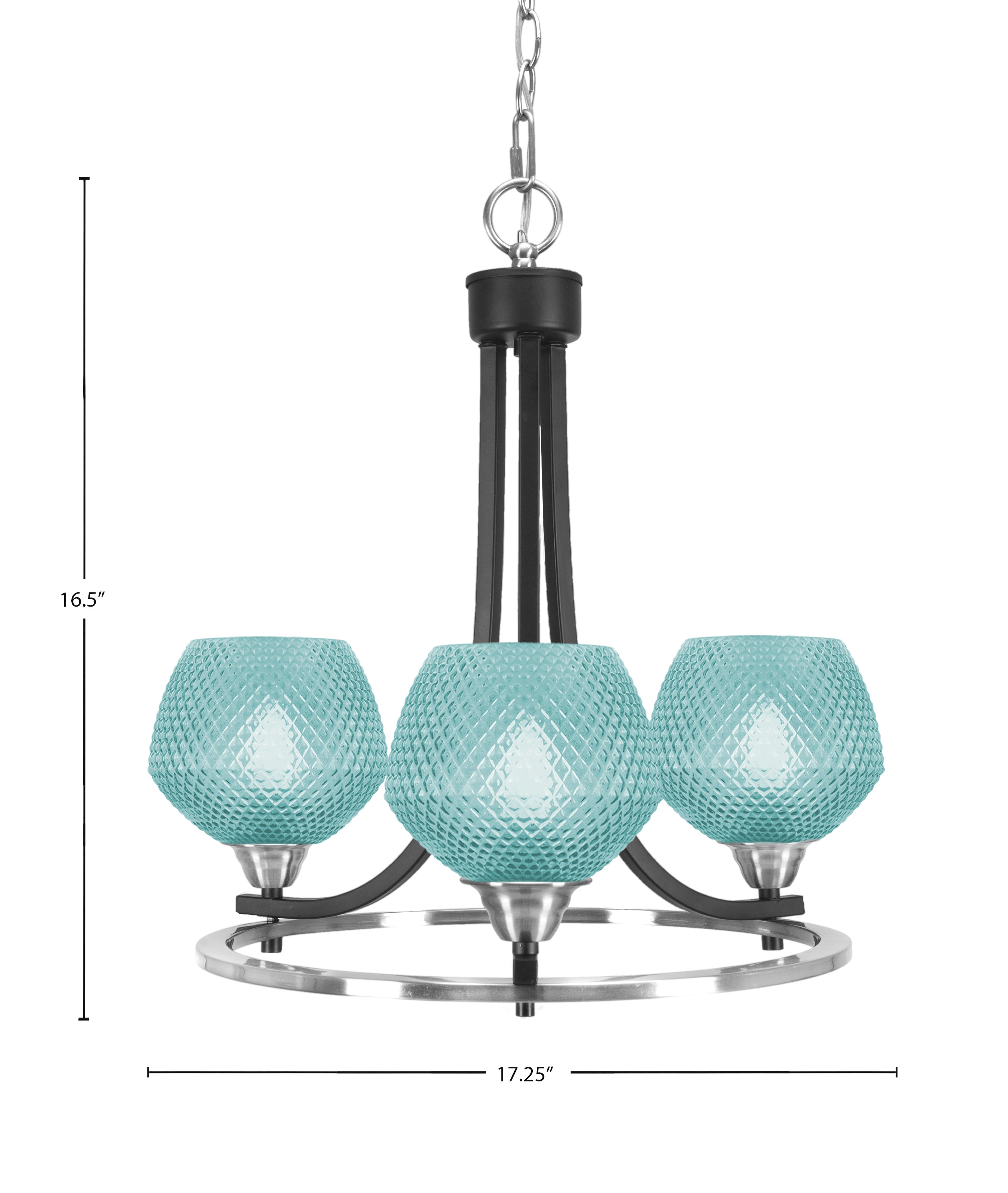 Paramount Three Light Chandelier in Matte Black & Brushed Nickel with Turquoise Textured Shade