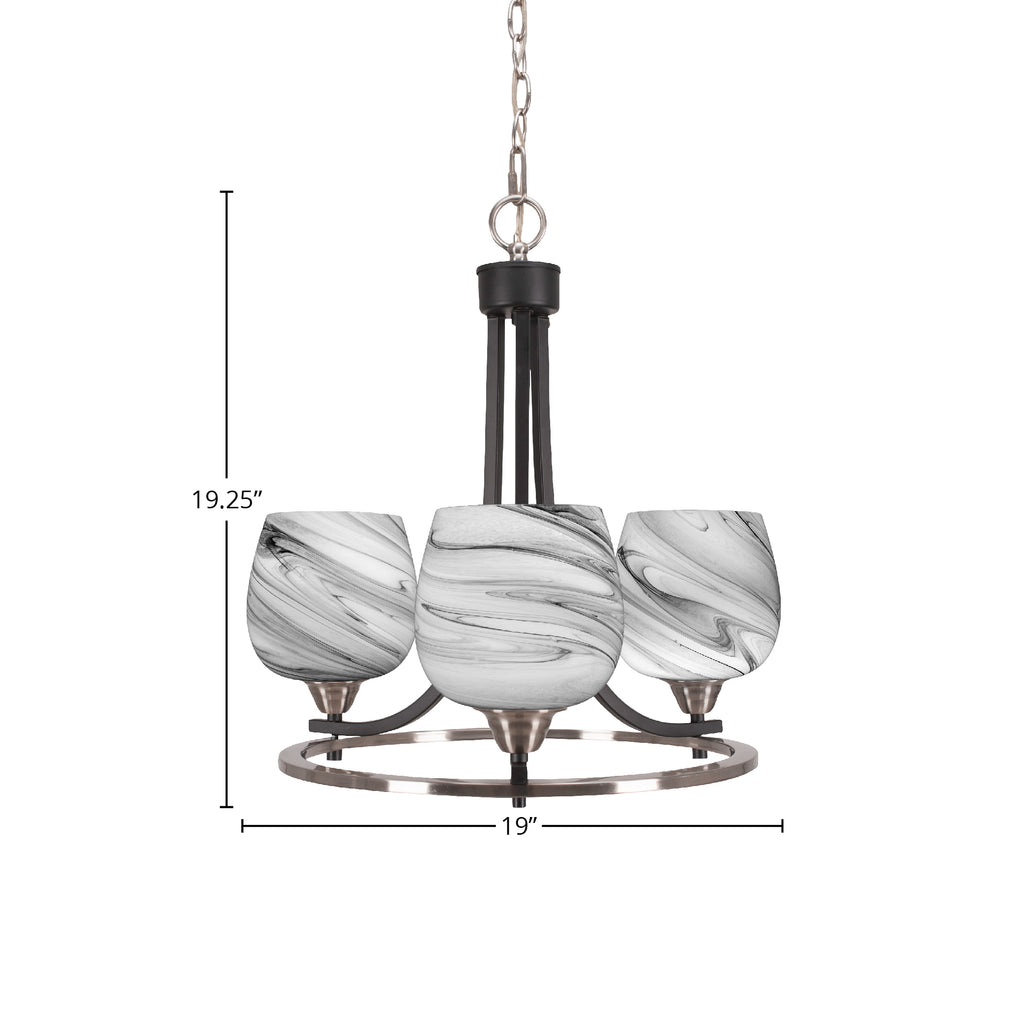 Paramount Three Light Chandelier in Matte Black & Brushed Nickel with 6" Onyx Swirl Shade
