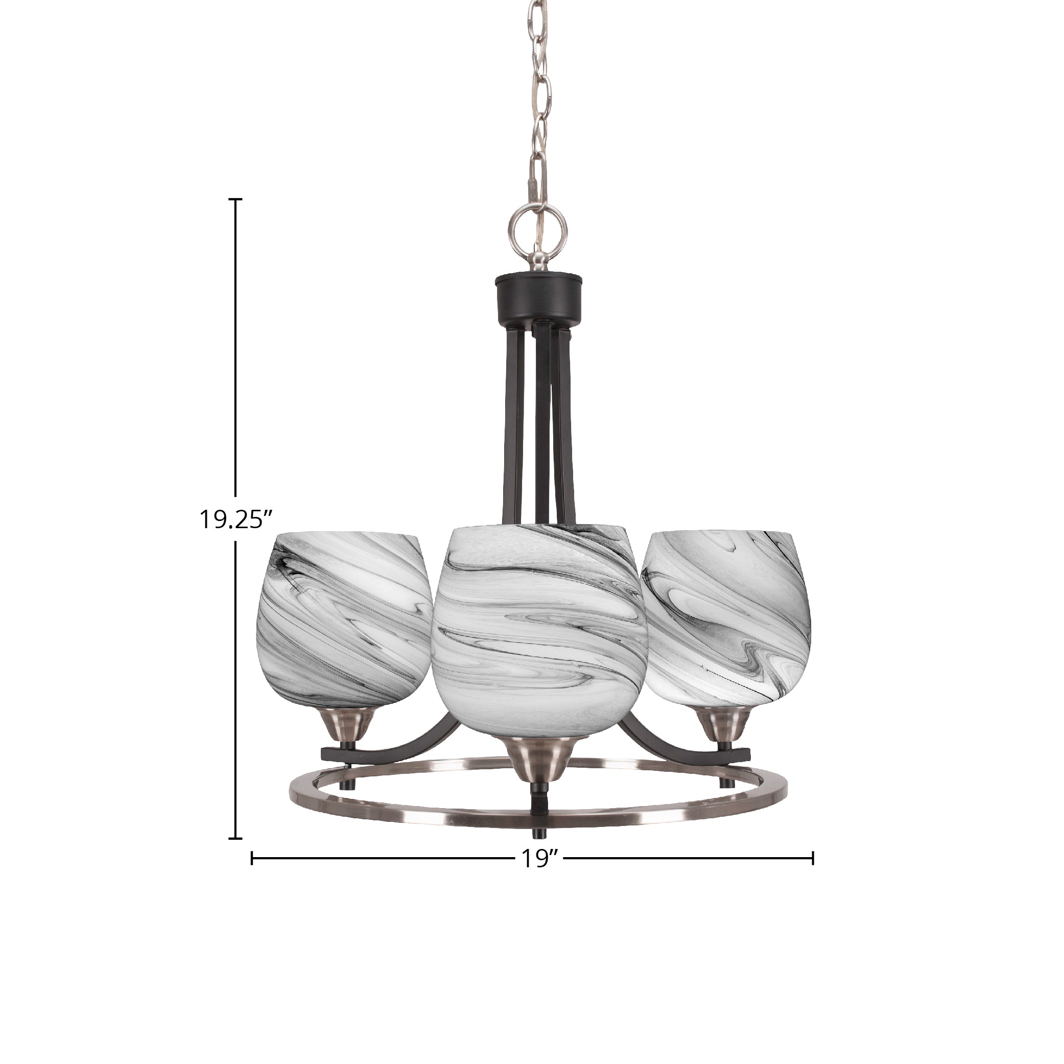 Paramount Three Light Chandelier in Matte Black & Brushed Nickel with 6" Onyx Swirl Shade
