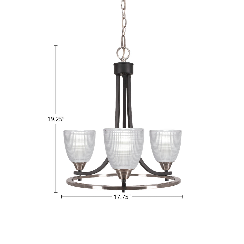 Paramount Three Light Chandelier in Matte Black & Brushed Nickel with 5" Clear Ribbed Shade