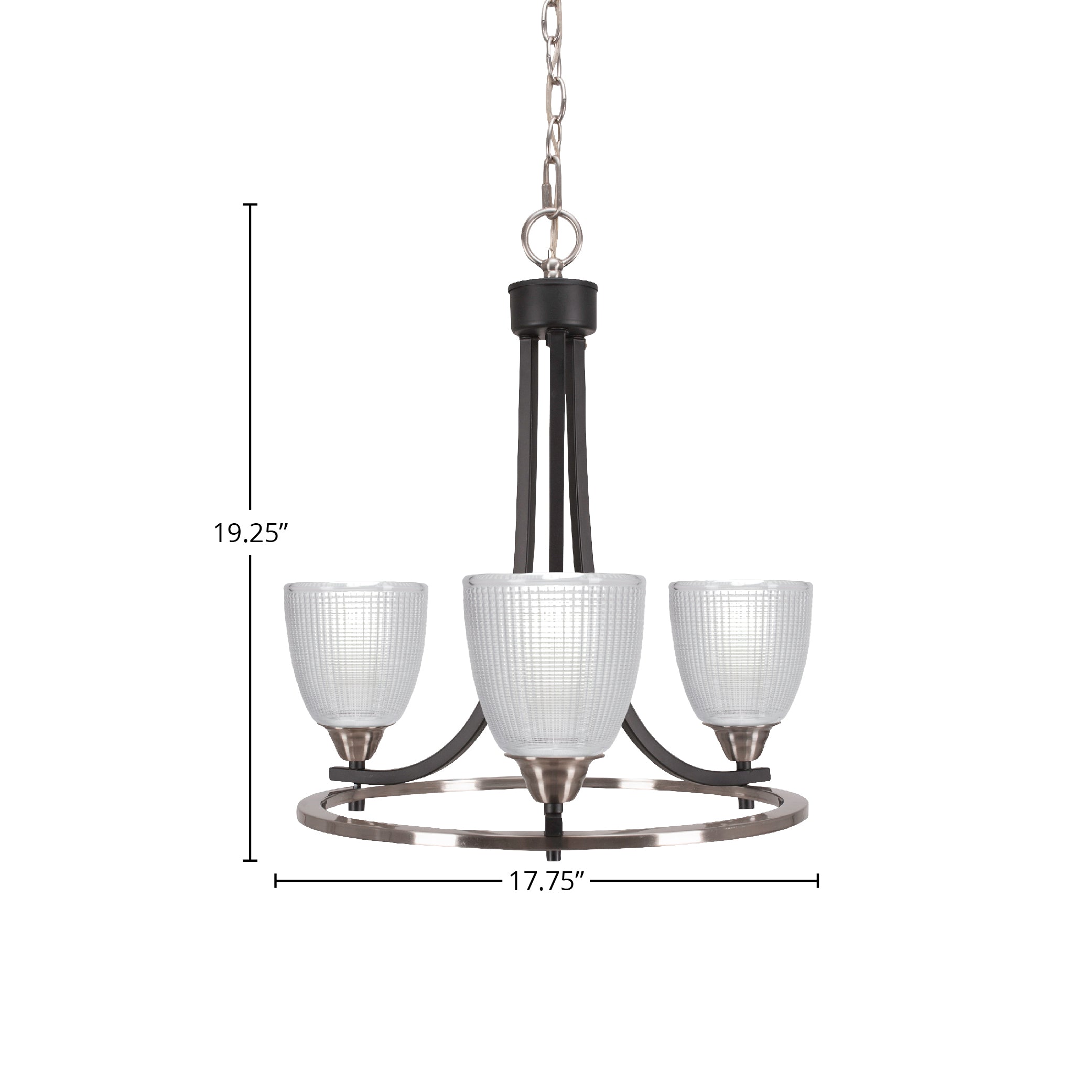 Paramount Three Light Chandelier in Matte Black & Brushed Nickel with 5" Clear Ribbed Shade