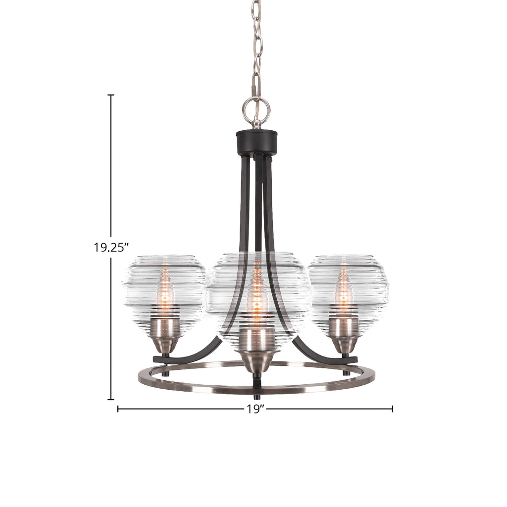 Paramount Three Light Chandelier in Matte Black & Brushed Nickel with 6" Clear Ribbed Shade