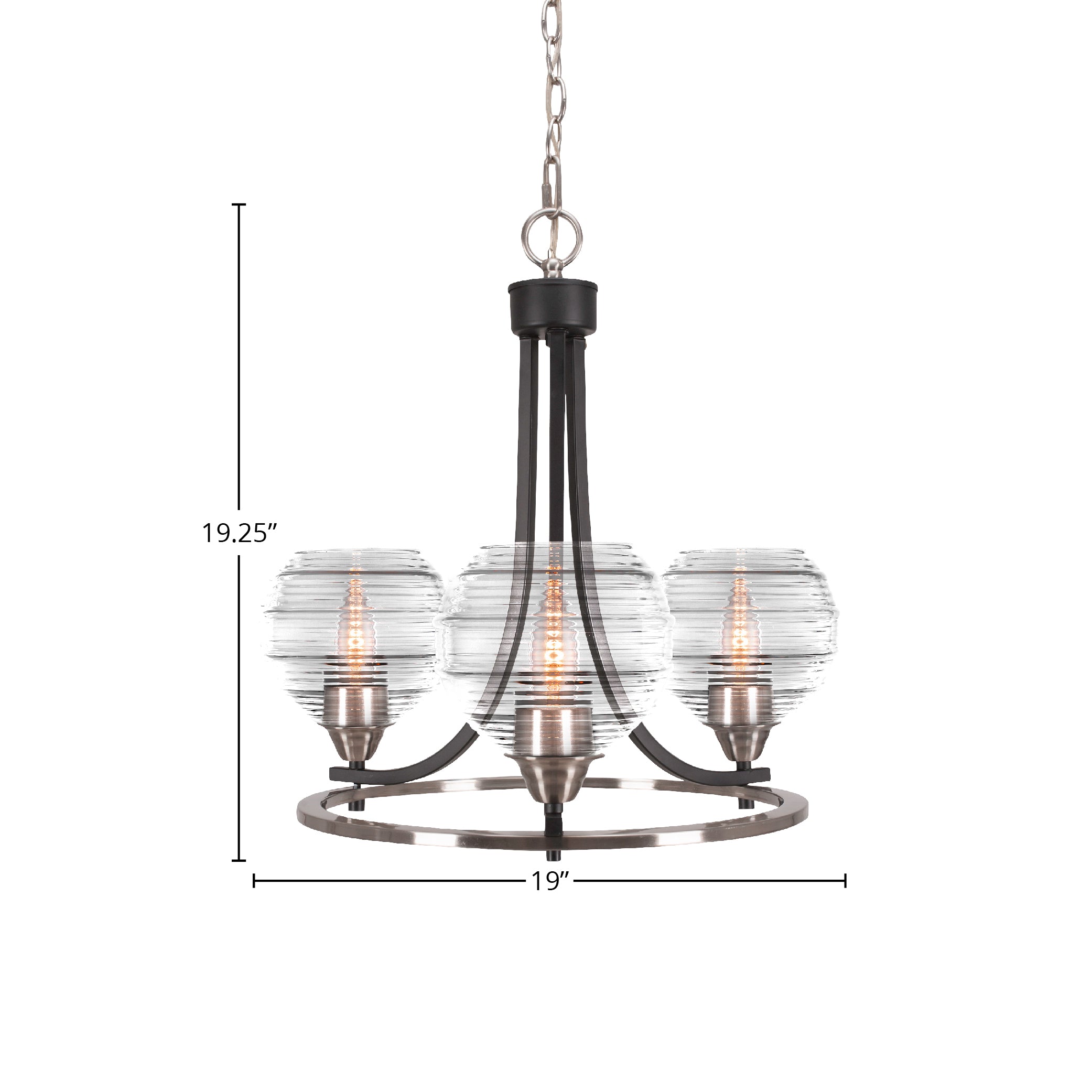 Paramount Three Light Chandelier in Matte Black & Brushed Nickel with 6" Clear Ribbed Shade